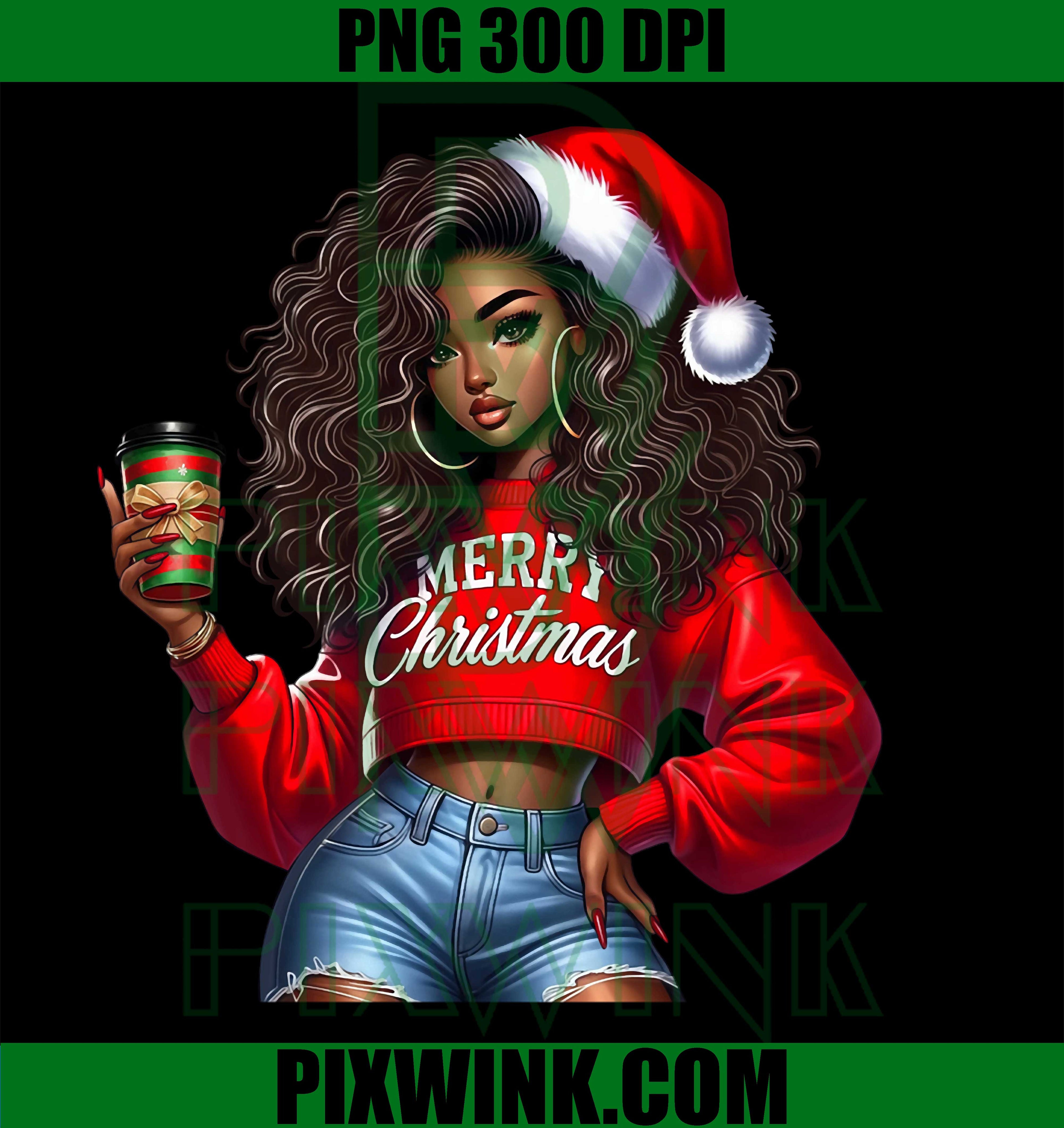 Merry Christmas Black Women Coffee African American PNG