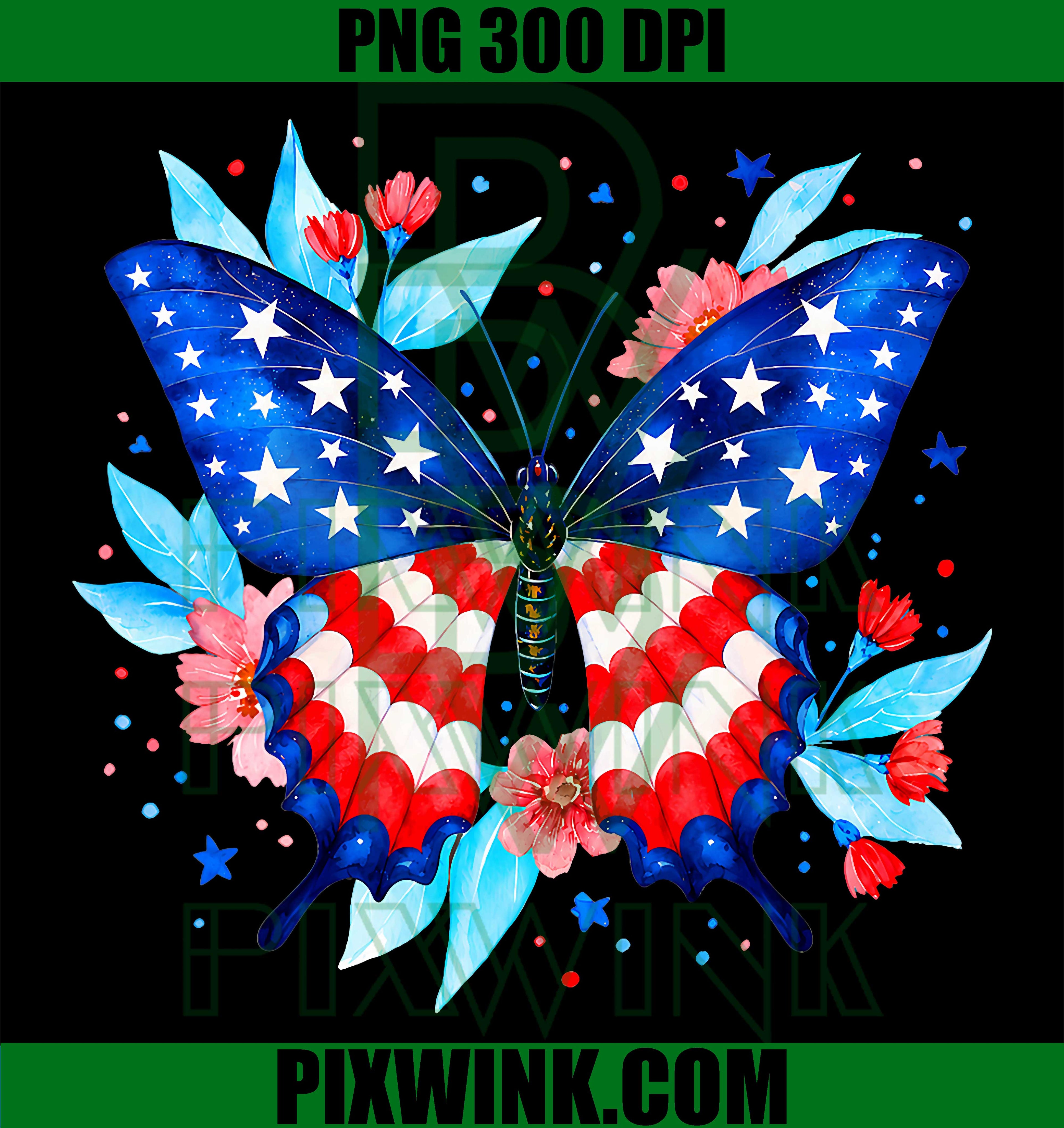 Floral Butterfly American Flag PNG, Happy 4th July PNG