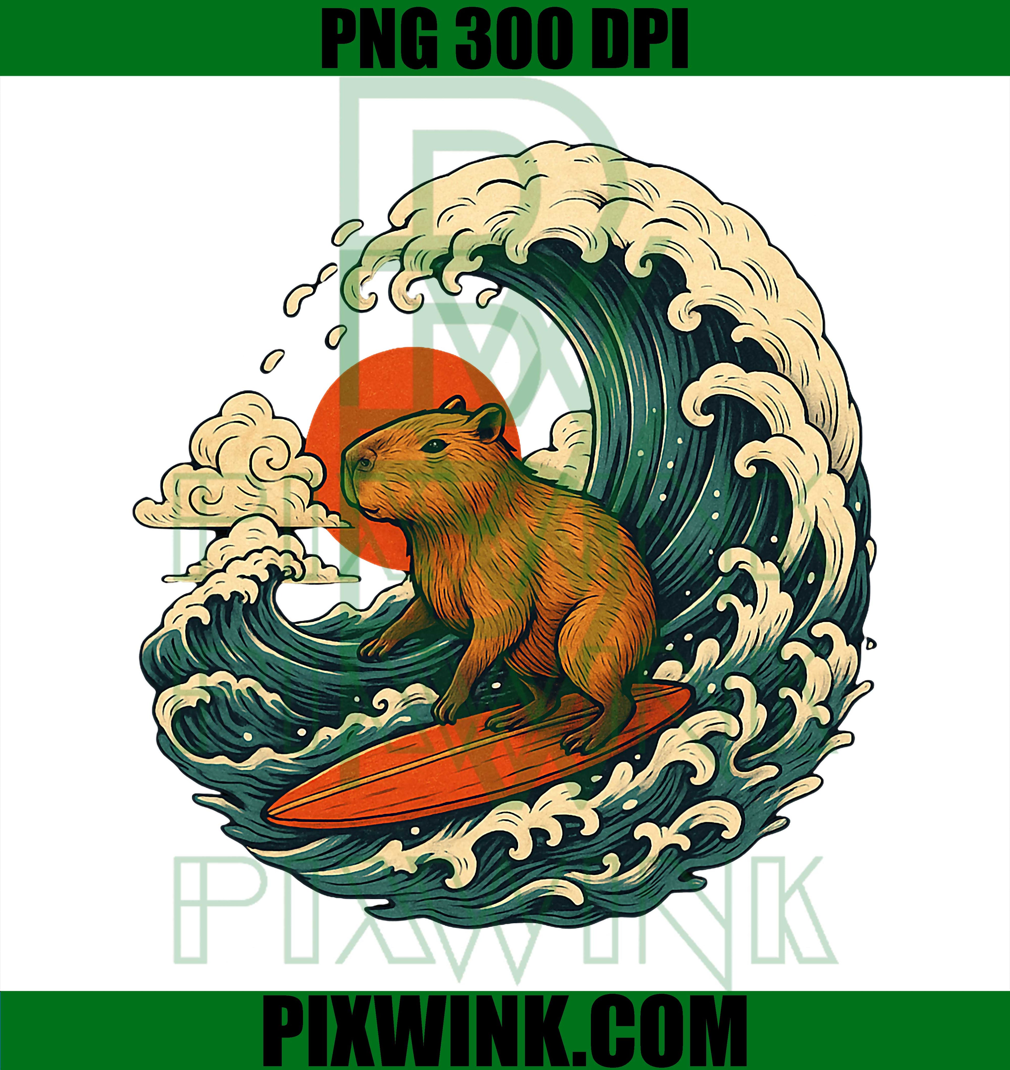 Capybara Surfing Japanese PNG, Japanese Ukiyo-e Hokusai Inspired