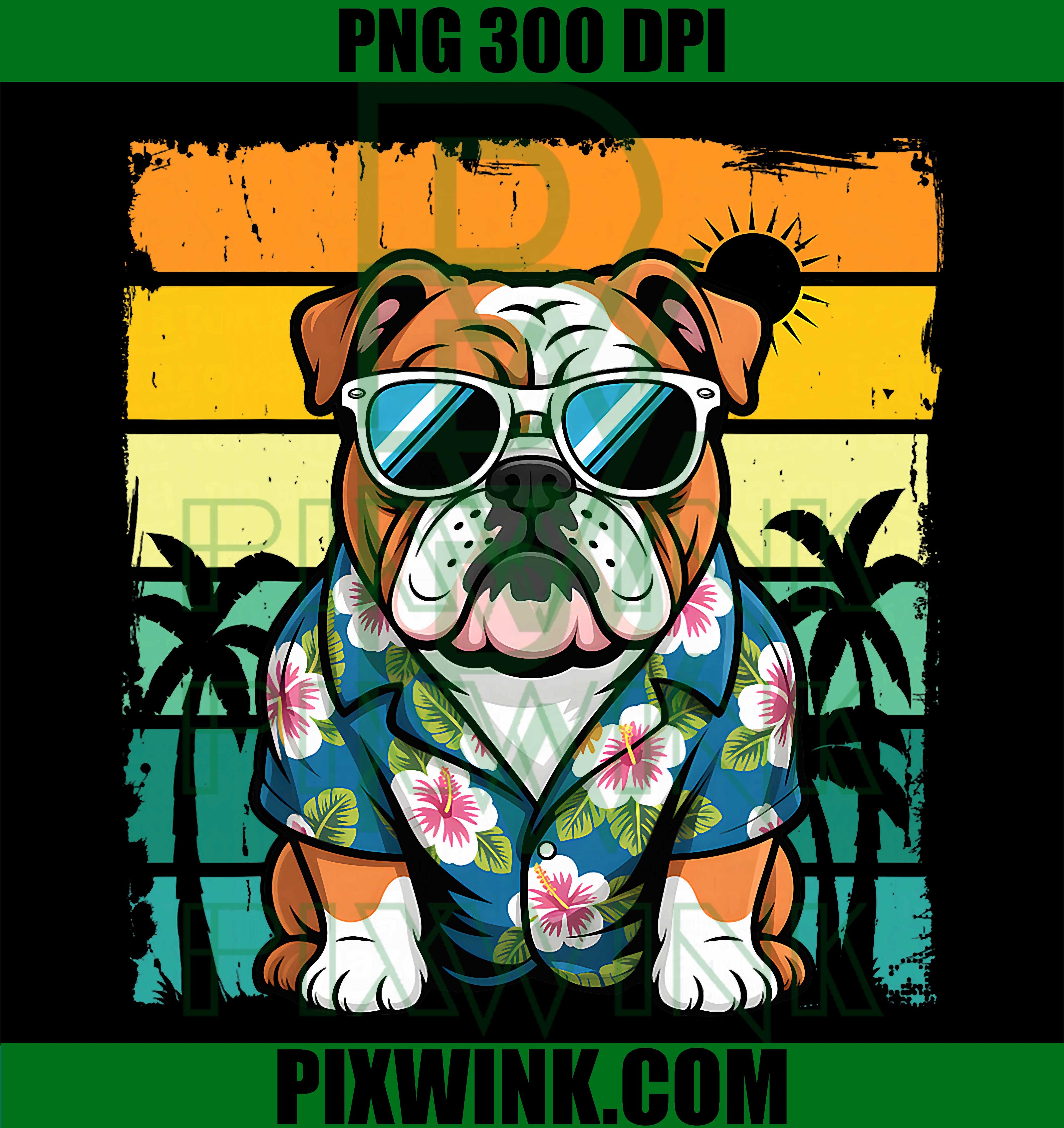 English Bulldog Sunglasses PNG, Hawaiian Beach Summer Design PNG