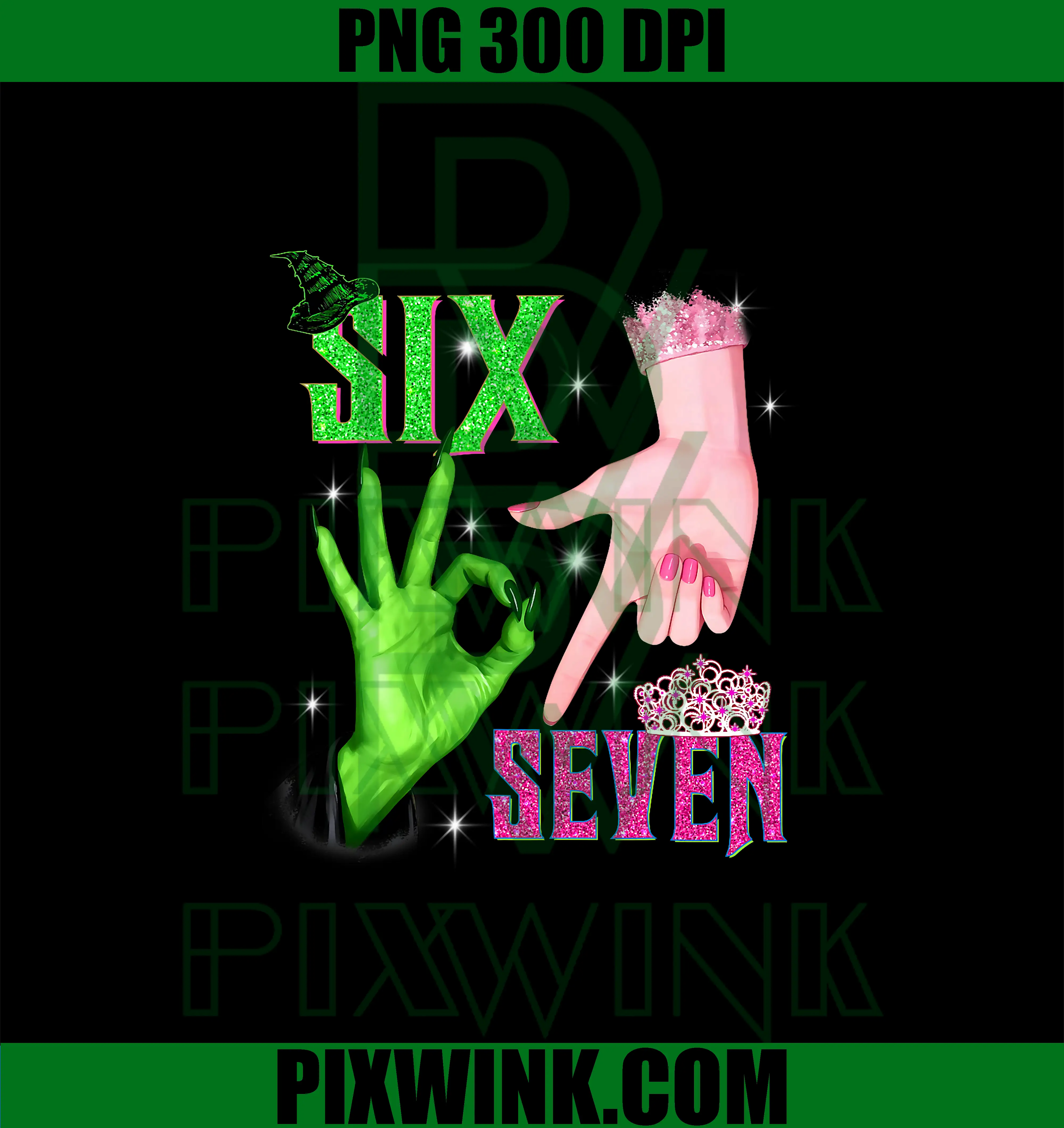 Six Seven Hand Gesture PNG, Green Witch And Pink Crown Hands PNG