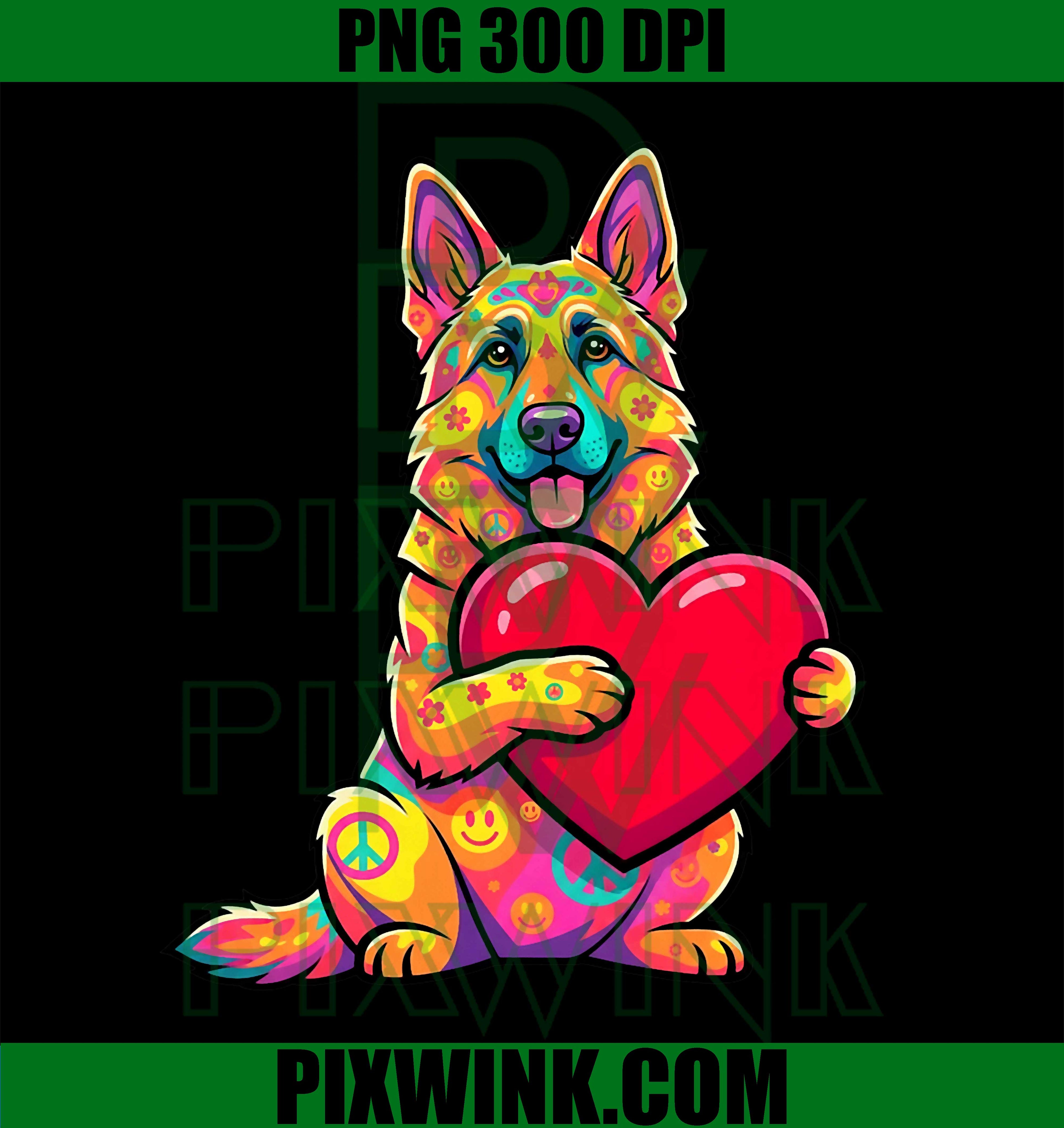 Colorful German Shepherd Dog Holding Heart, Hippie Art PNG