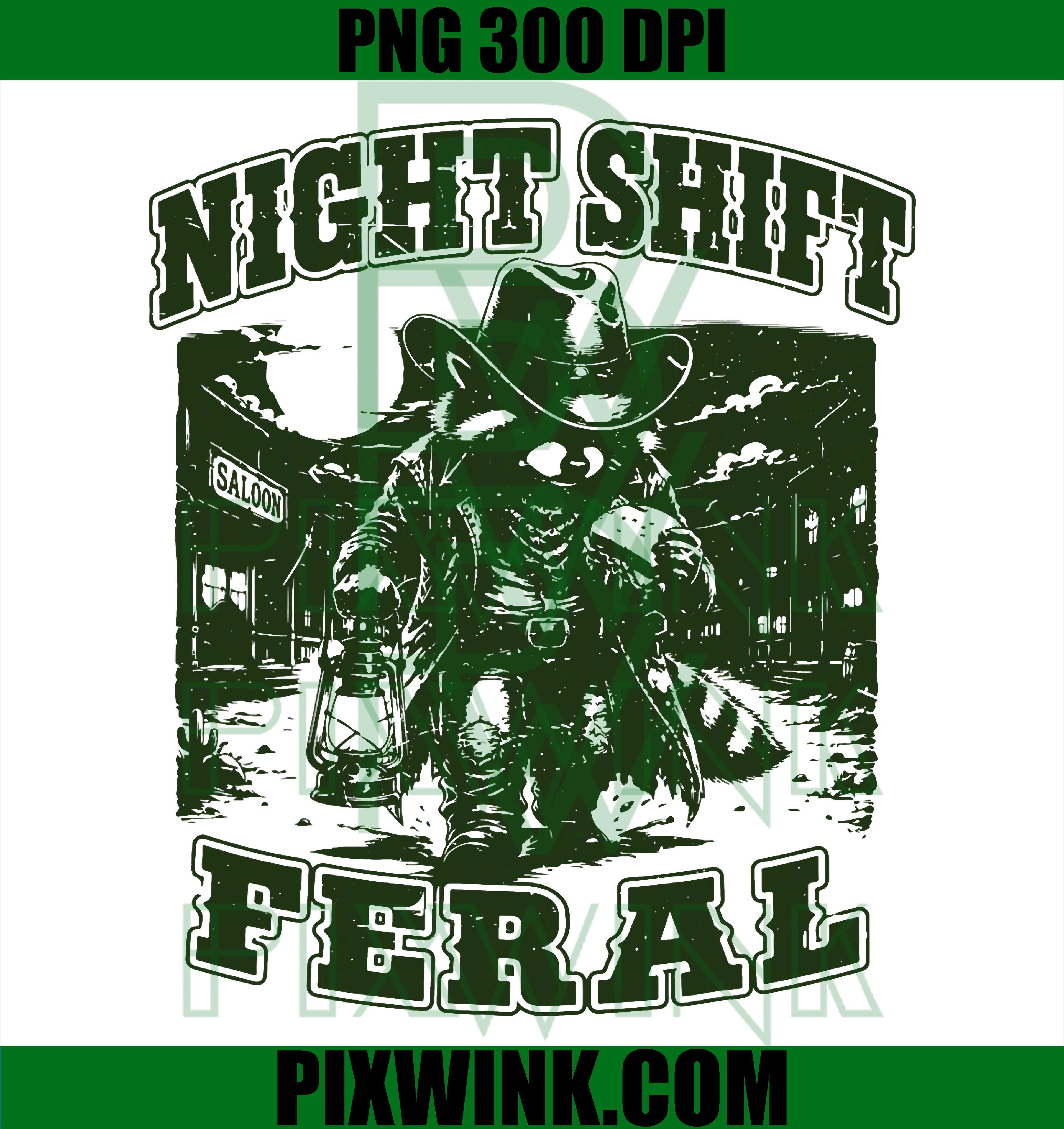 Night Shift Feral Raccoon PNG, Funny Cowboy Raccoon Hat PNG