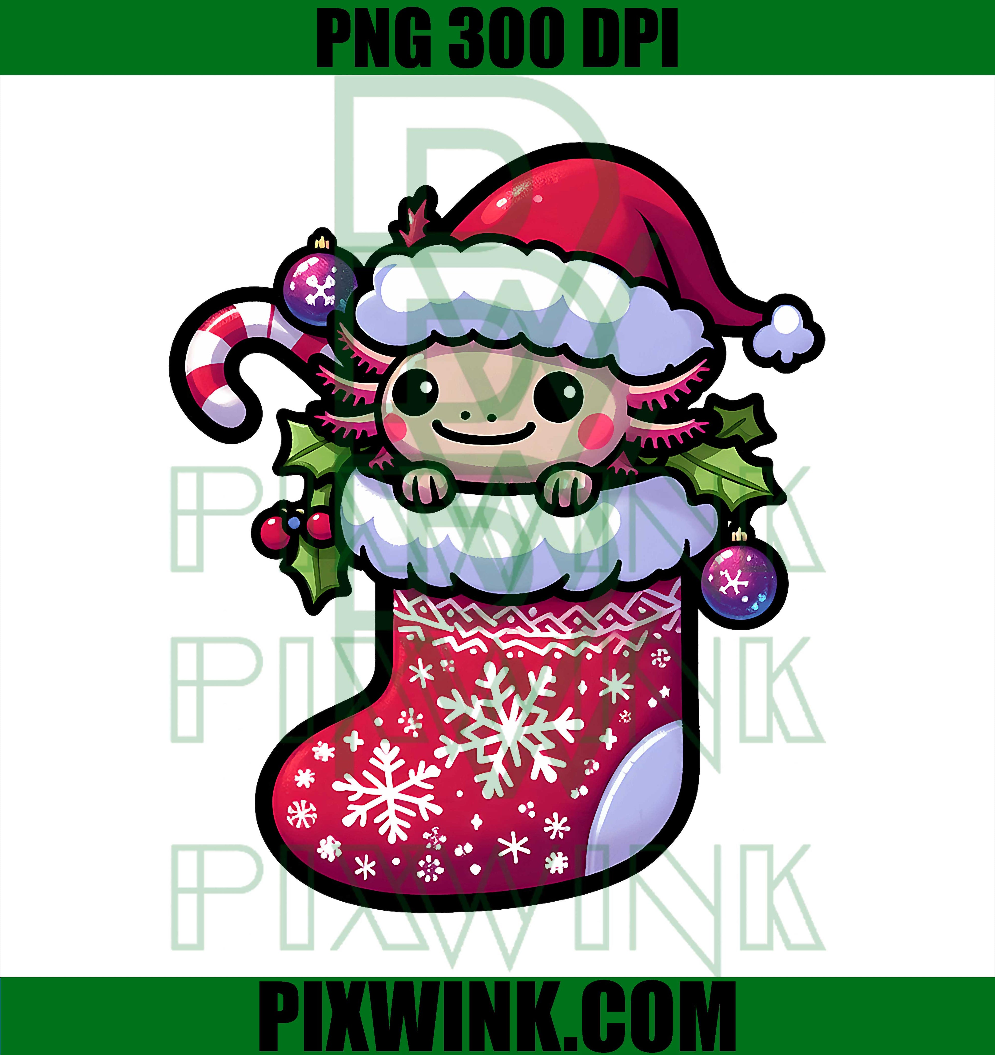 Cute Christmas Candy Cane Santa Axolotl in Xmas Stocking PNG