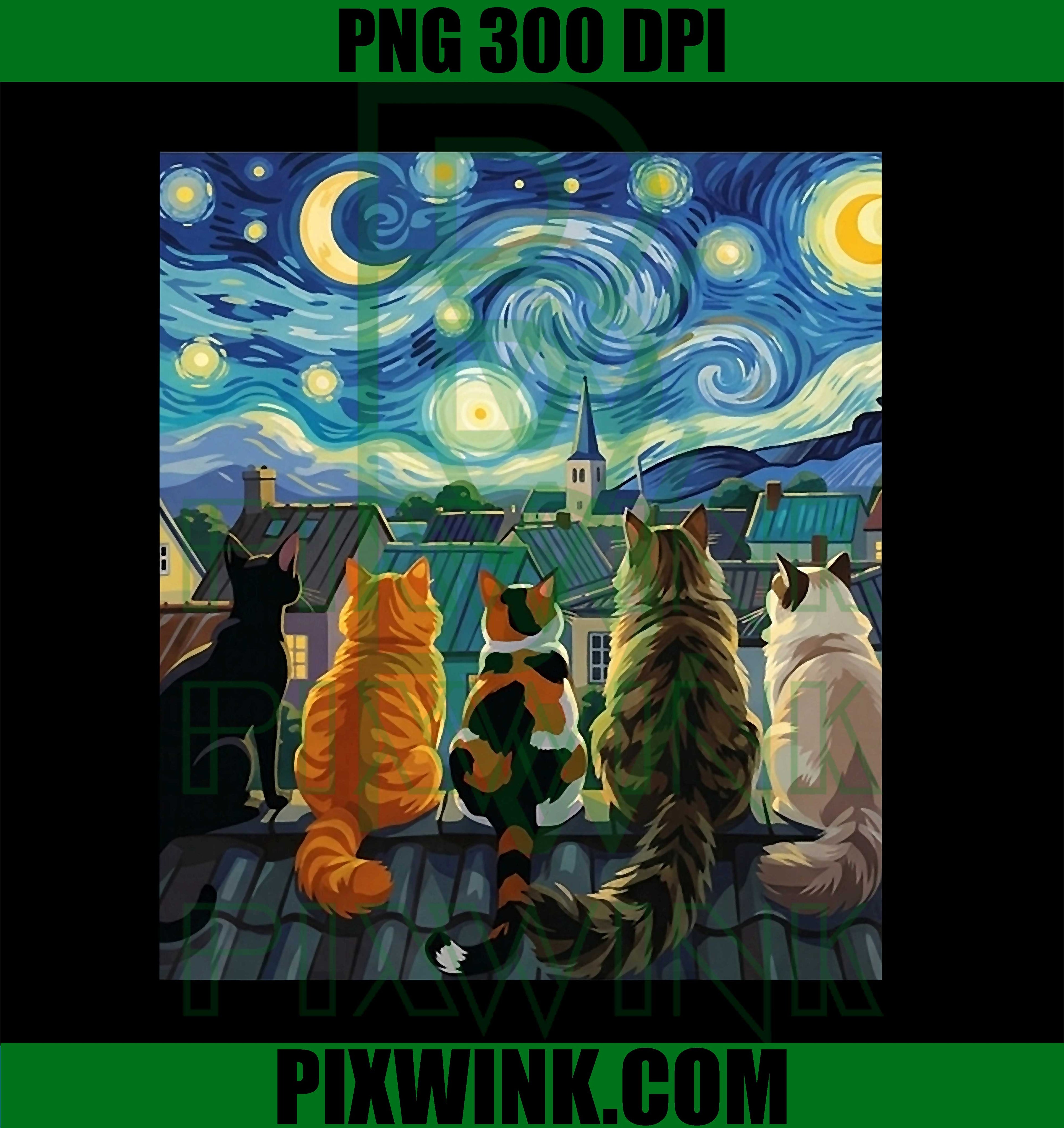 Starry Cat PNG, Van Gogh Cat PNG, Funny Feline Art PNG
