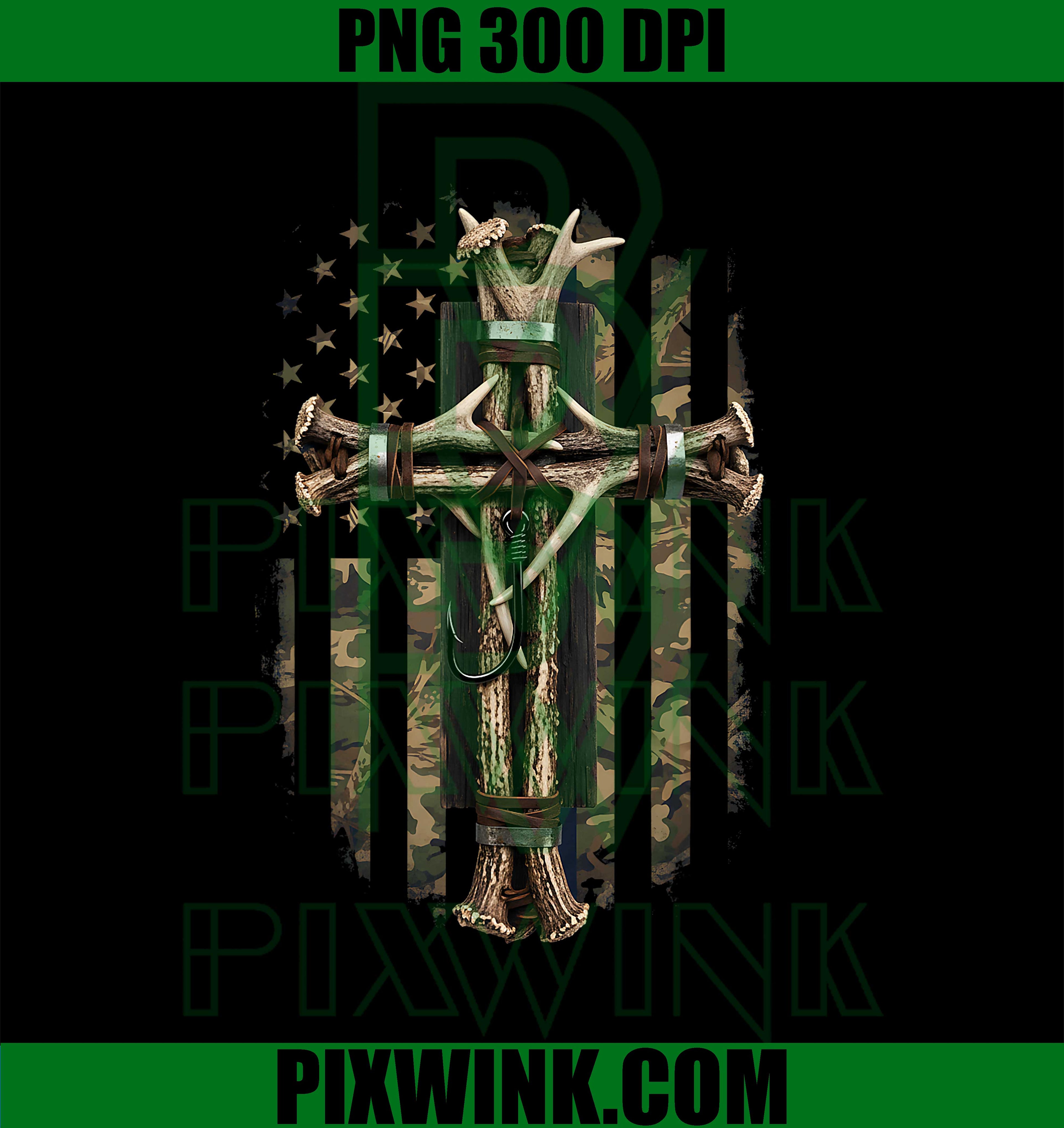 Camouflage Cross Deer Horn Fish Hook Hunting Christian Bible PNG