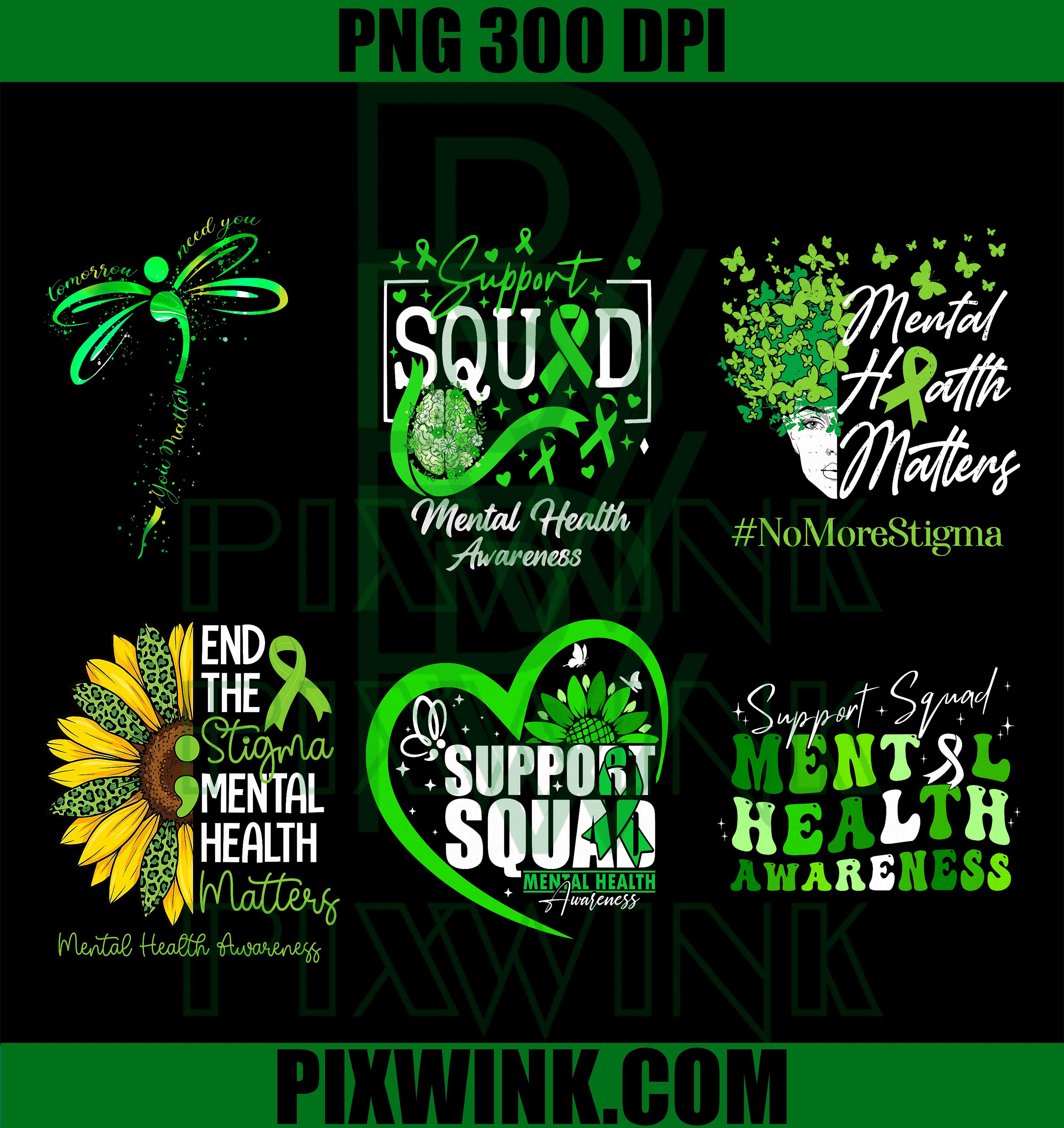 Mental Health Awareness Bundle PNG, Support Squad Green Ribbon PNG