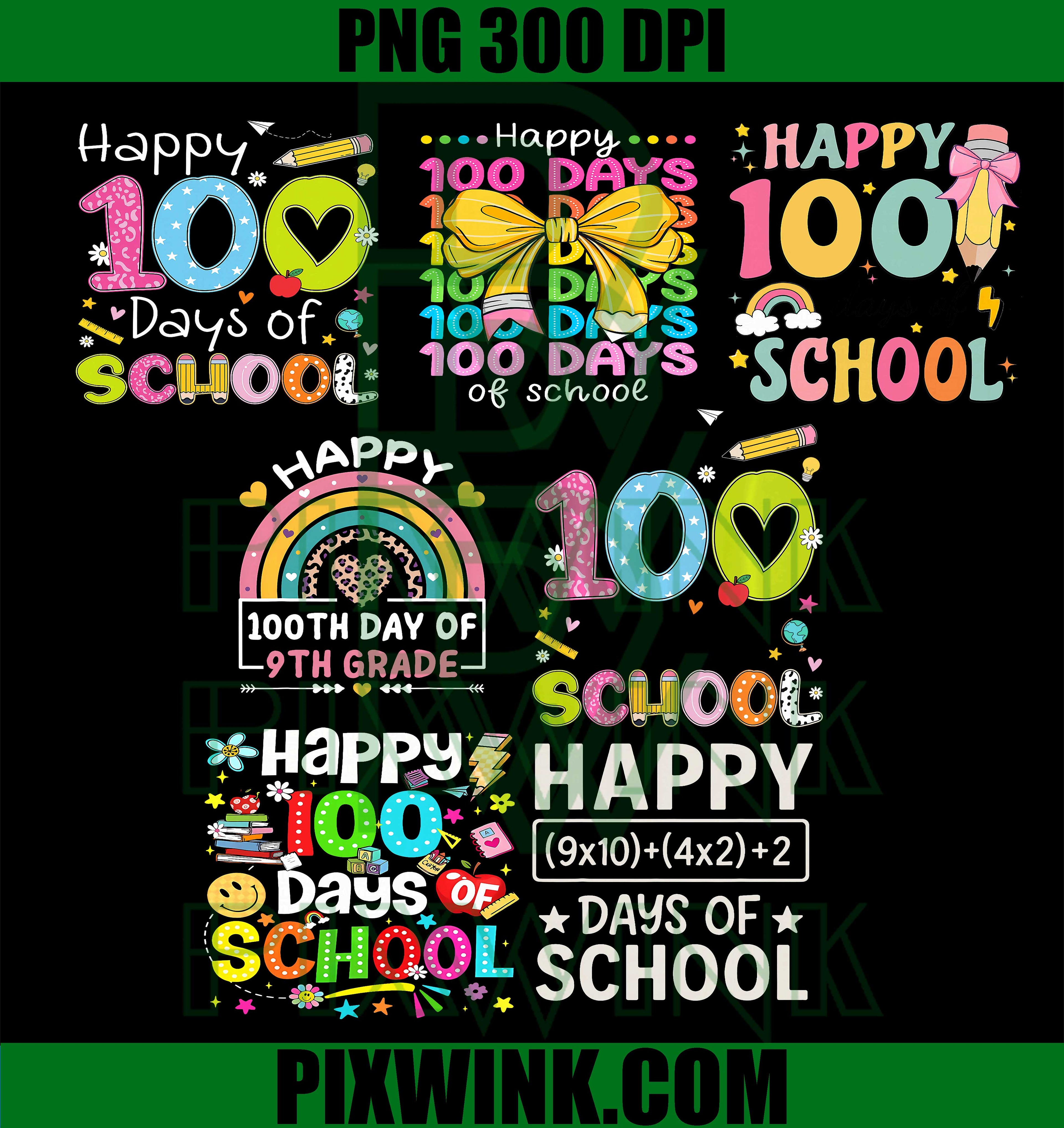 Happy 100 Days of School PNG Bundle, Colorful School 
