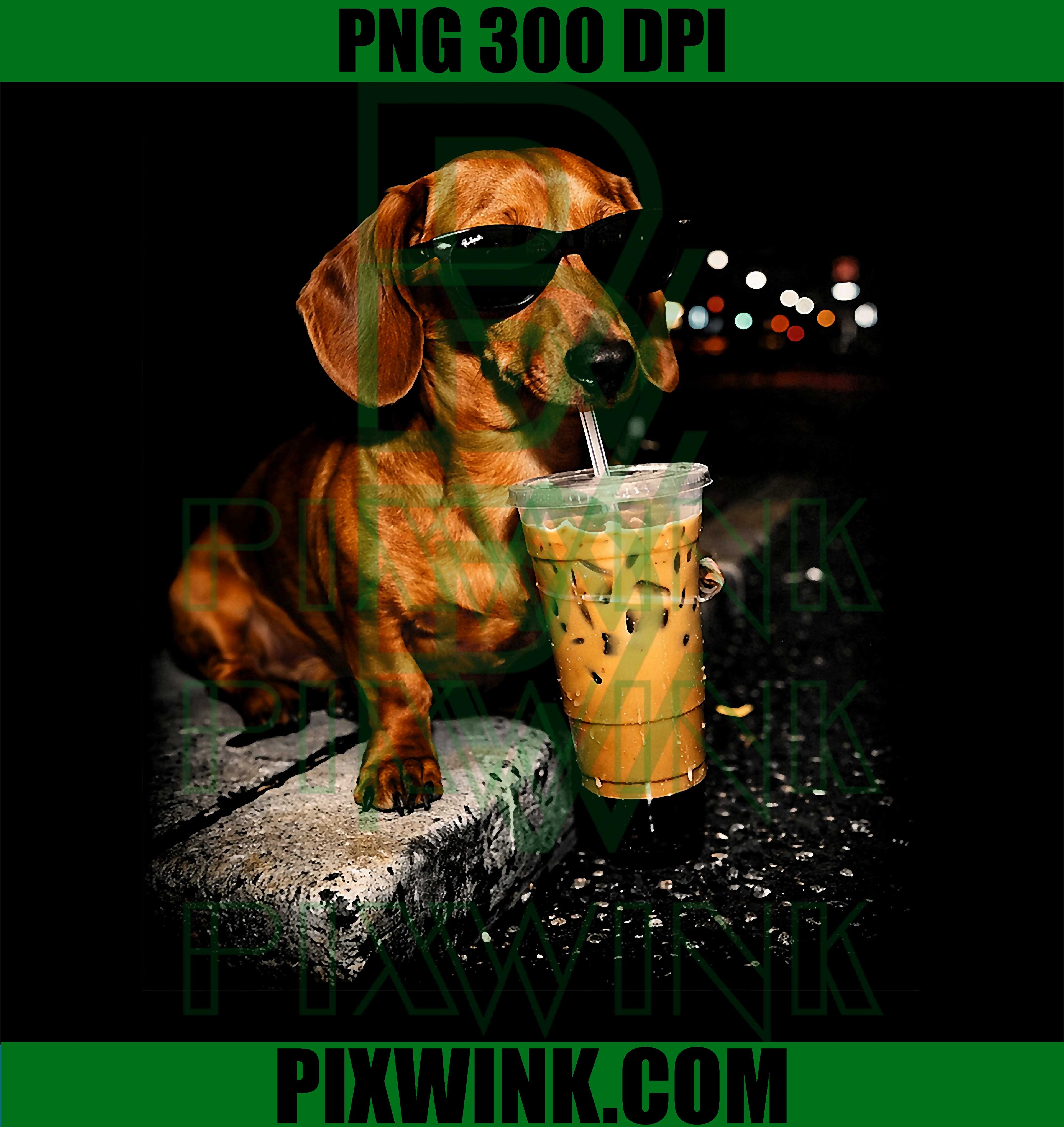 Funny Dachshund Drinking PNG, Iced Coffee Washed Design PNG