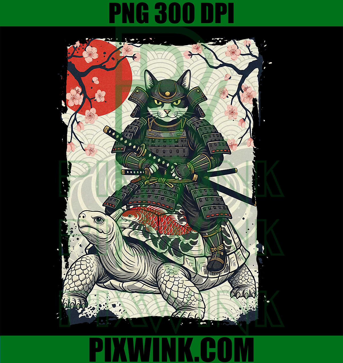 Vintage Samurai Cat Riding Turtle, Japanese Cat Samurai PNG