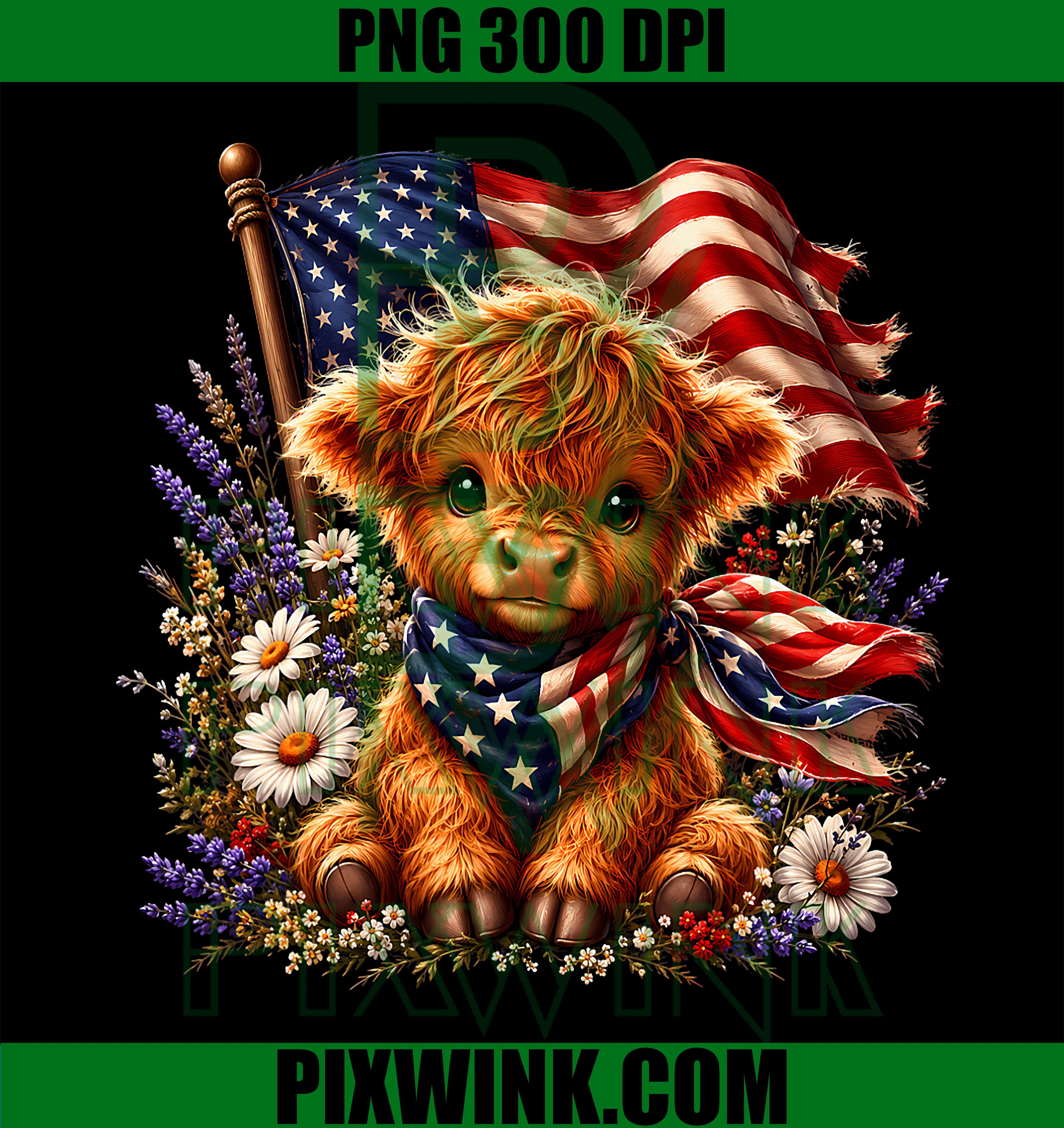 Highland Cow Floral 4th Of July PNG, Patriotic American Flag PNG