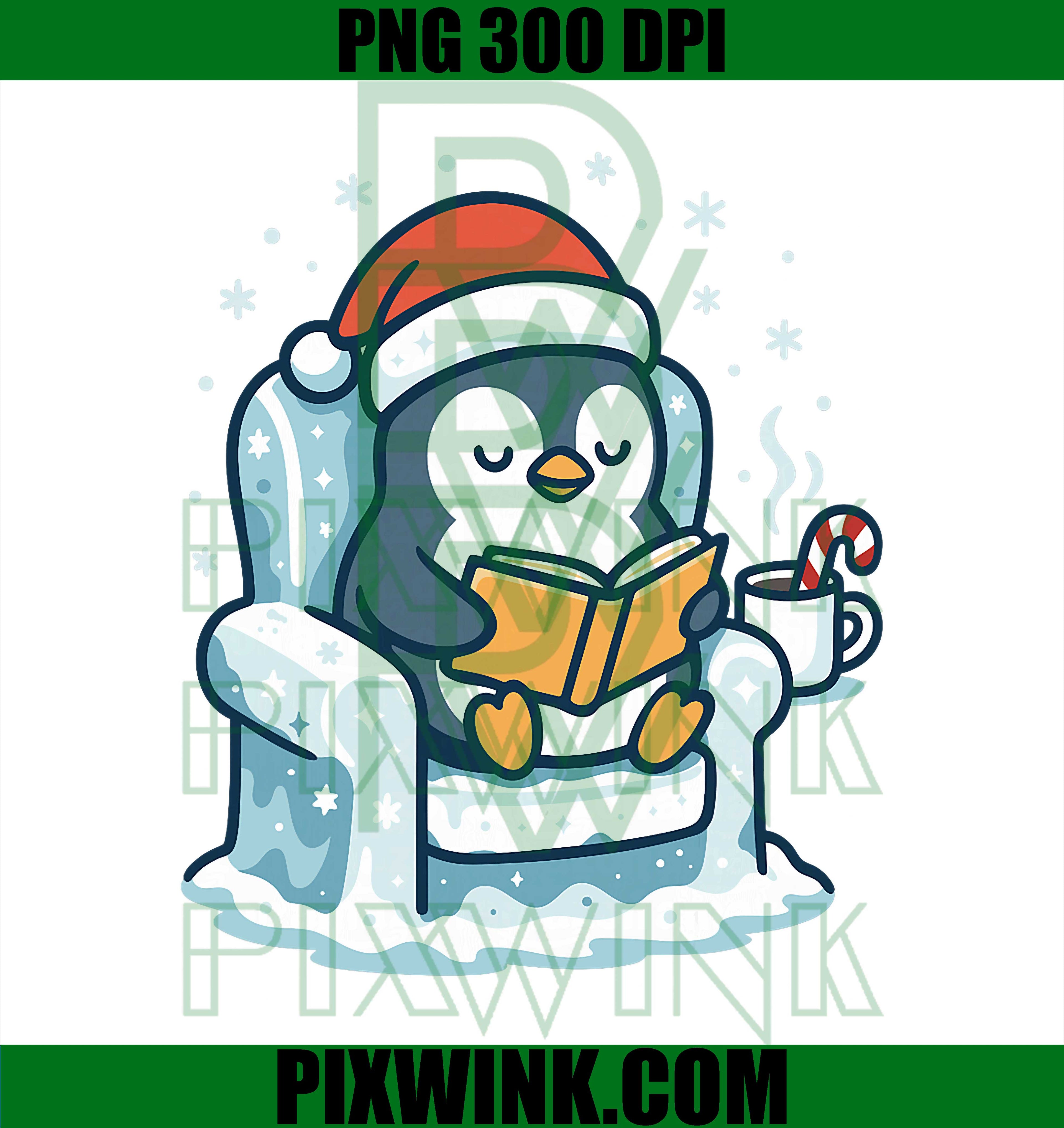 Cute Christmas Penguin Reading Book Cozy Winter Holiday Art PNG