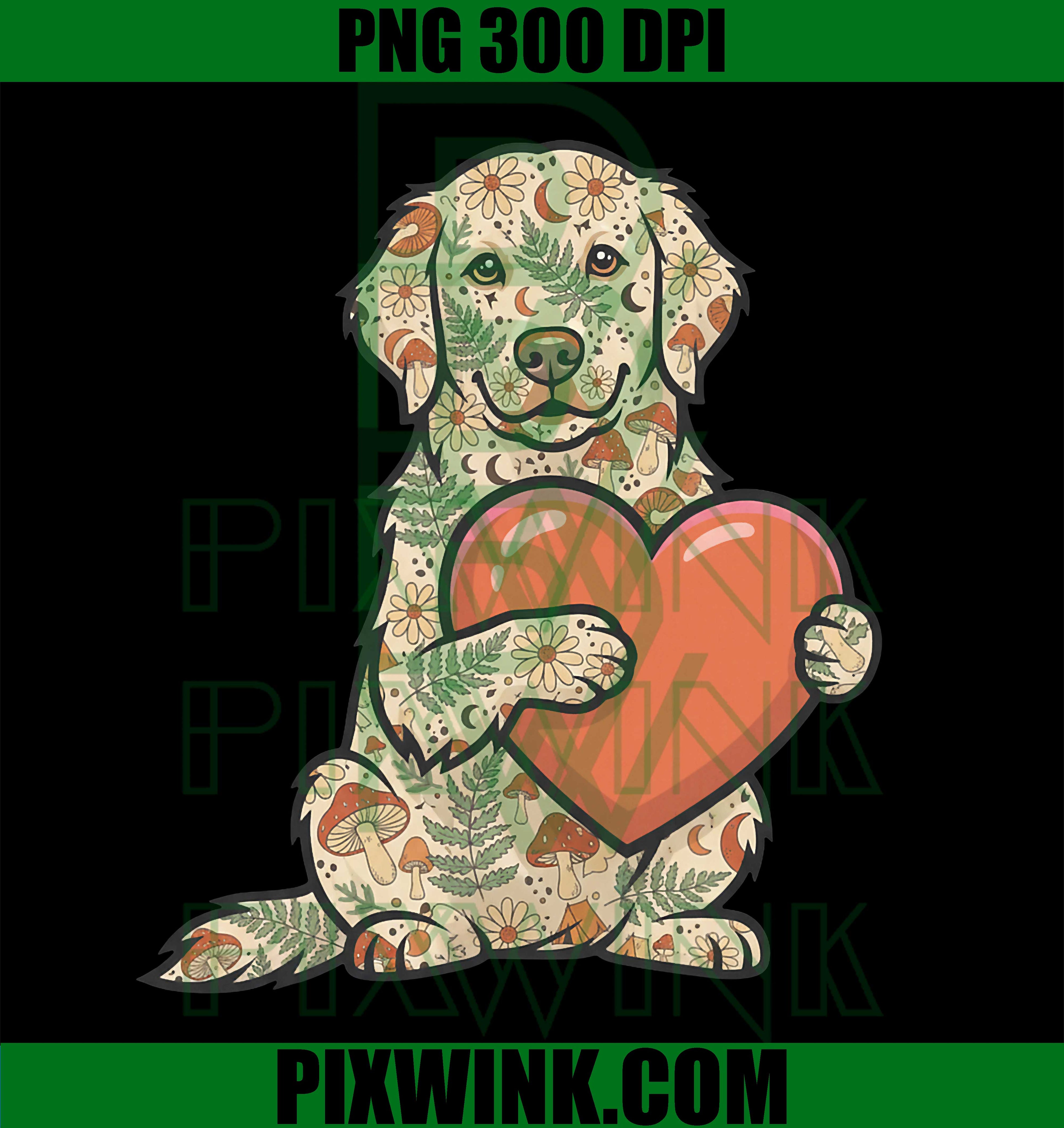 Cottagecore Golden Retriever Dog with Mushrooms and Heart PNG