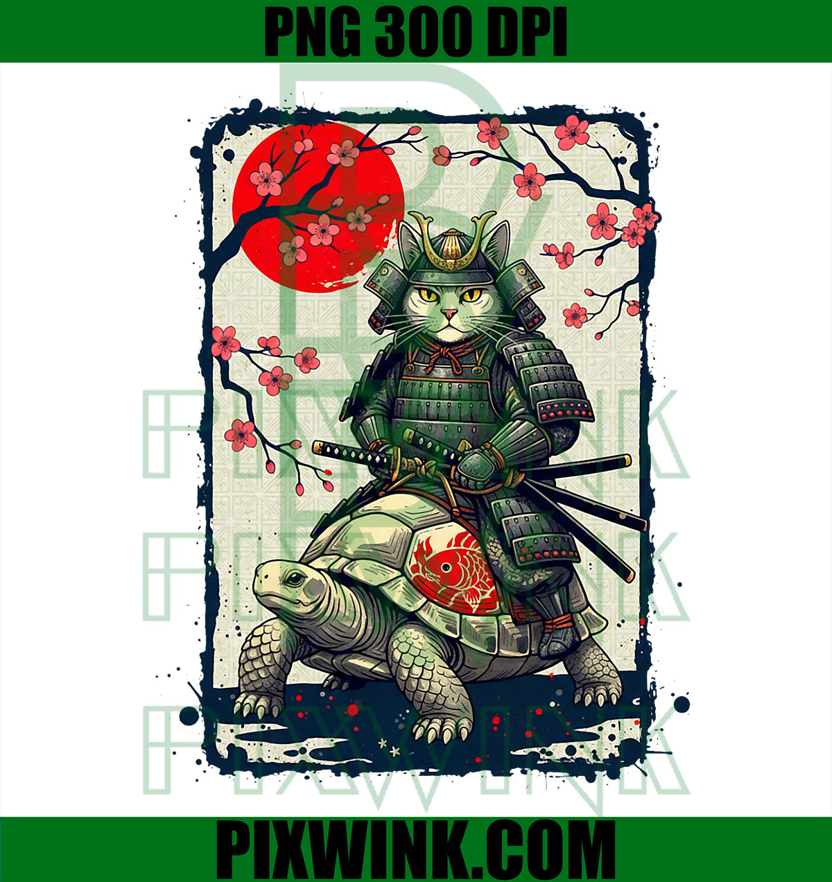 Vintage Samurai Cat Riding Turtle, Japanese Cat Samurai PNG