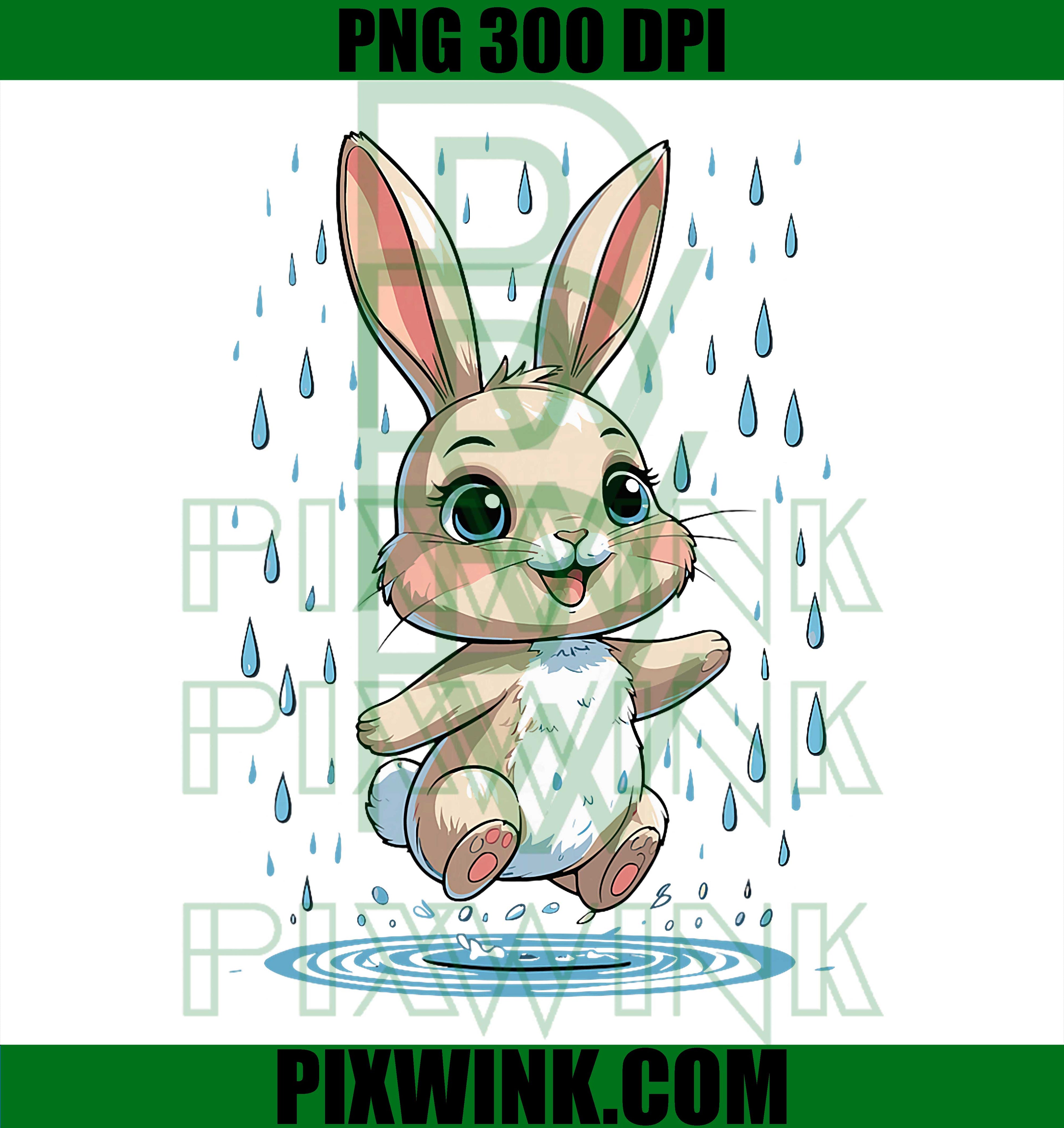 Happy Spring Bunny PNG, Bunny Jumping in Rain Puddles PNG