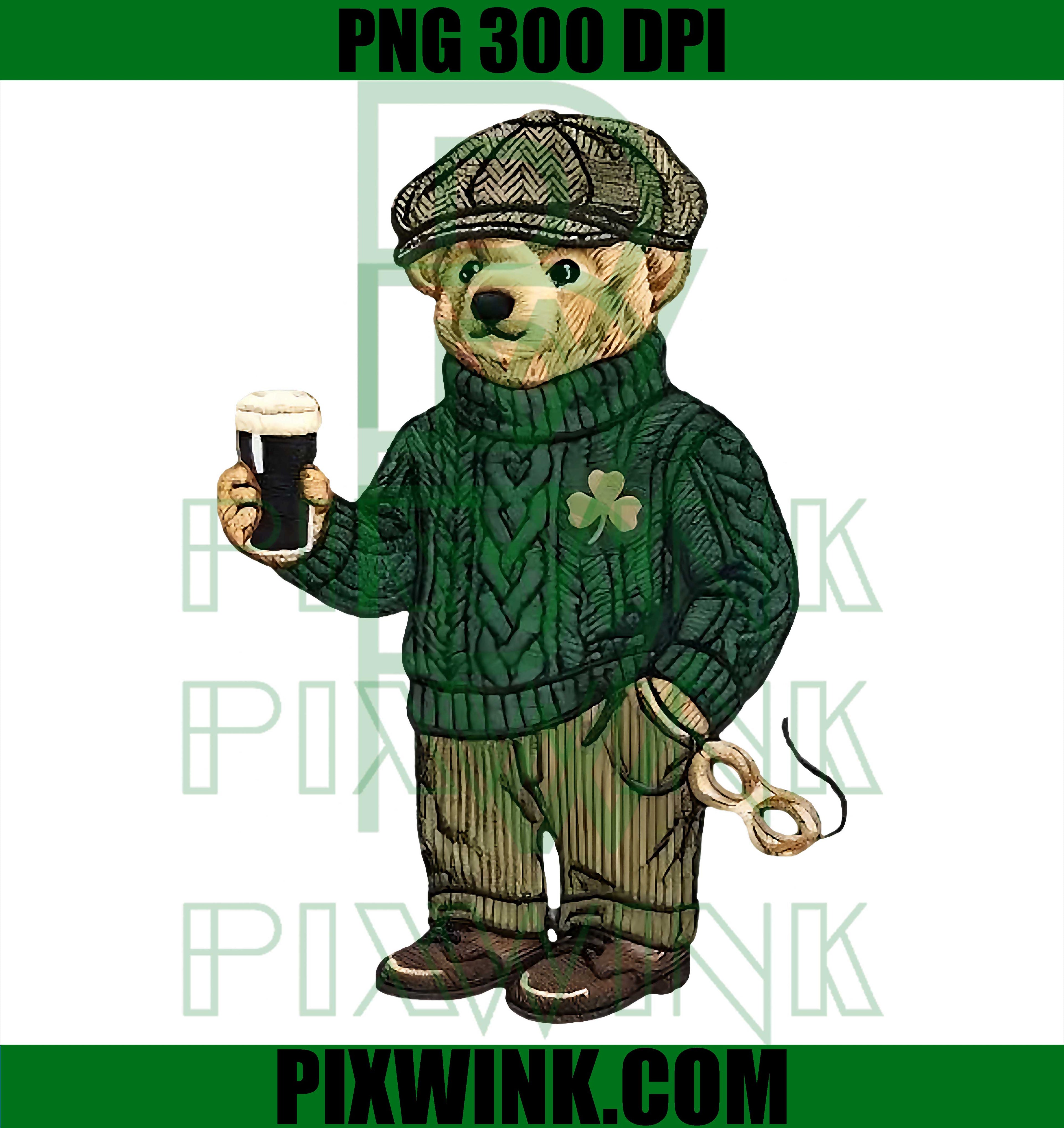Lucky Teddy Bear St Patrick’s Day PNG, Funny Drinking Bear Shamrock PNG