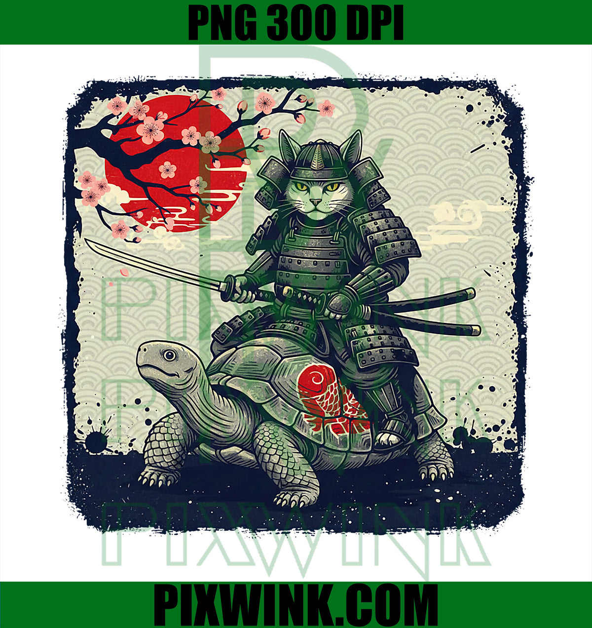 Vintage Samurai Cat Riding Turtle, Japanese Cat Samurai PNG