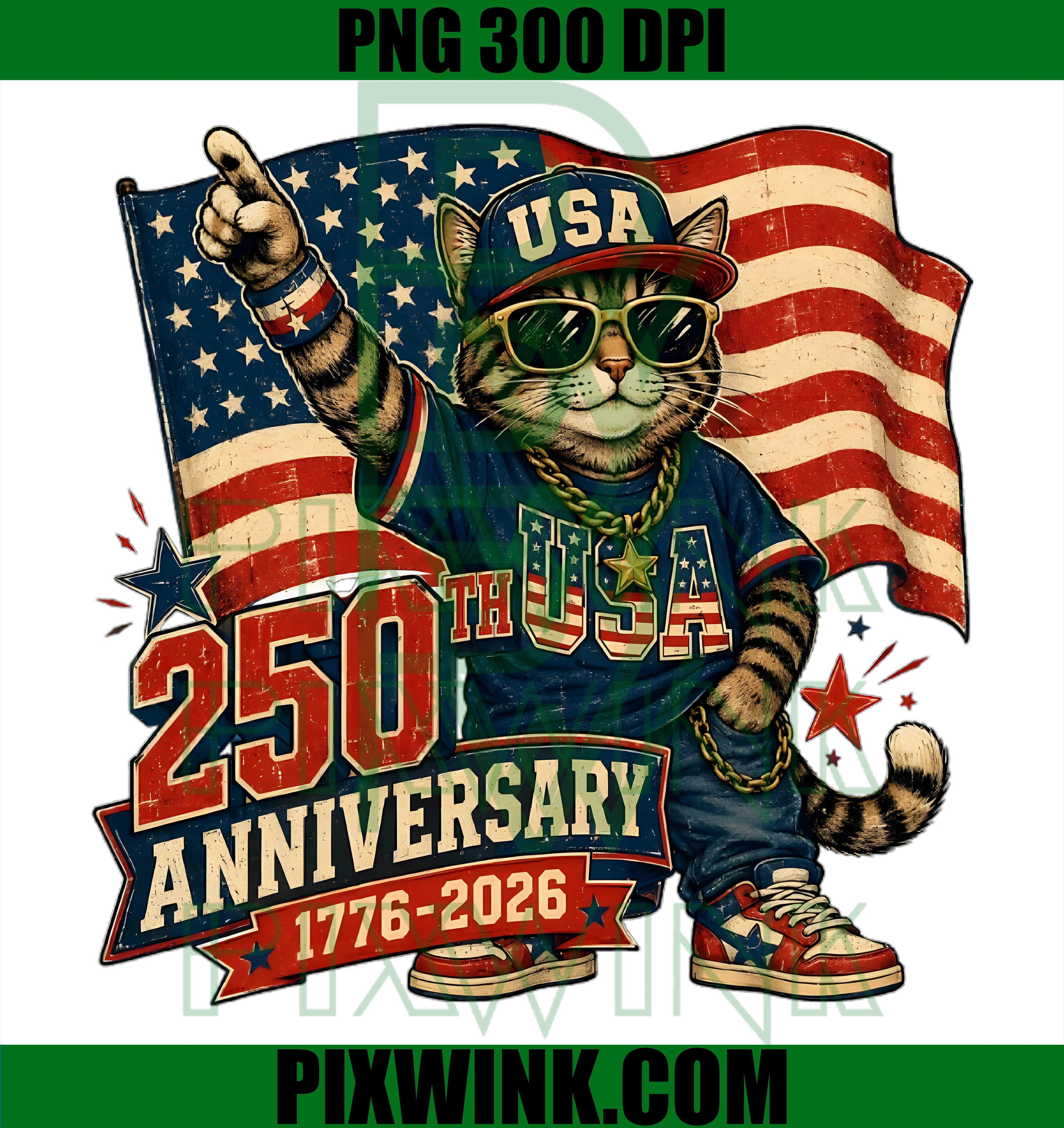 Patriotic Cat USA 2026 PNG, American Flag Cat PNG, 4th of July 250th PNG