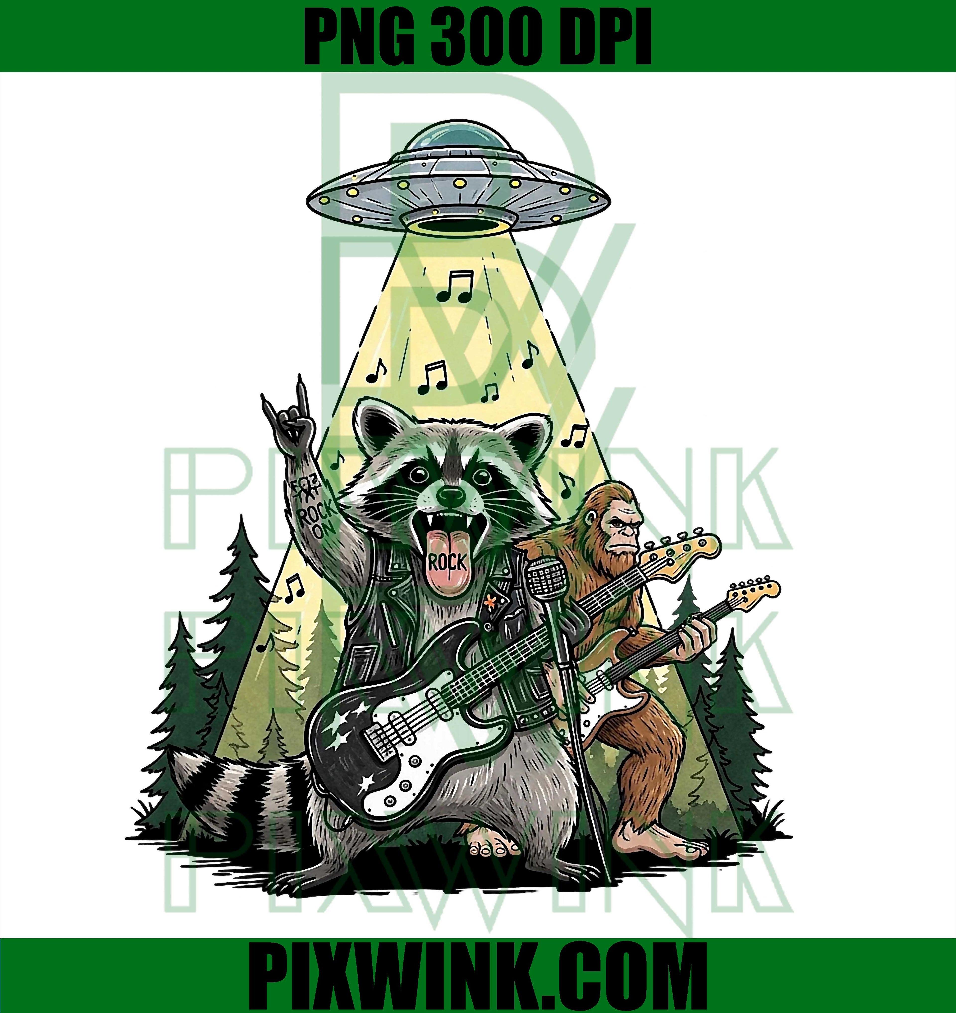 Raccoon Guitar Bigfoot UFO PNG, Funny Alien Rock On Graphic PNG