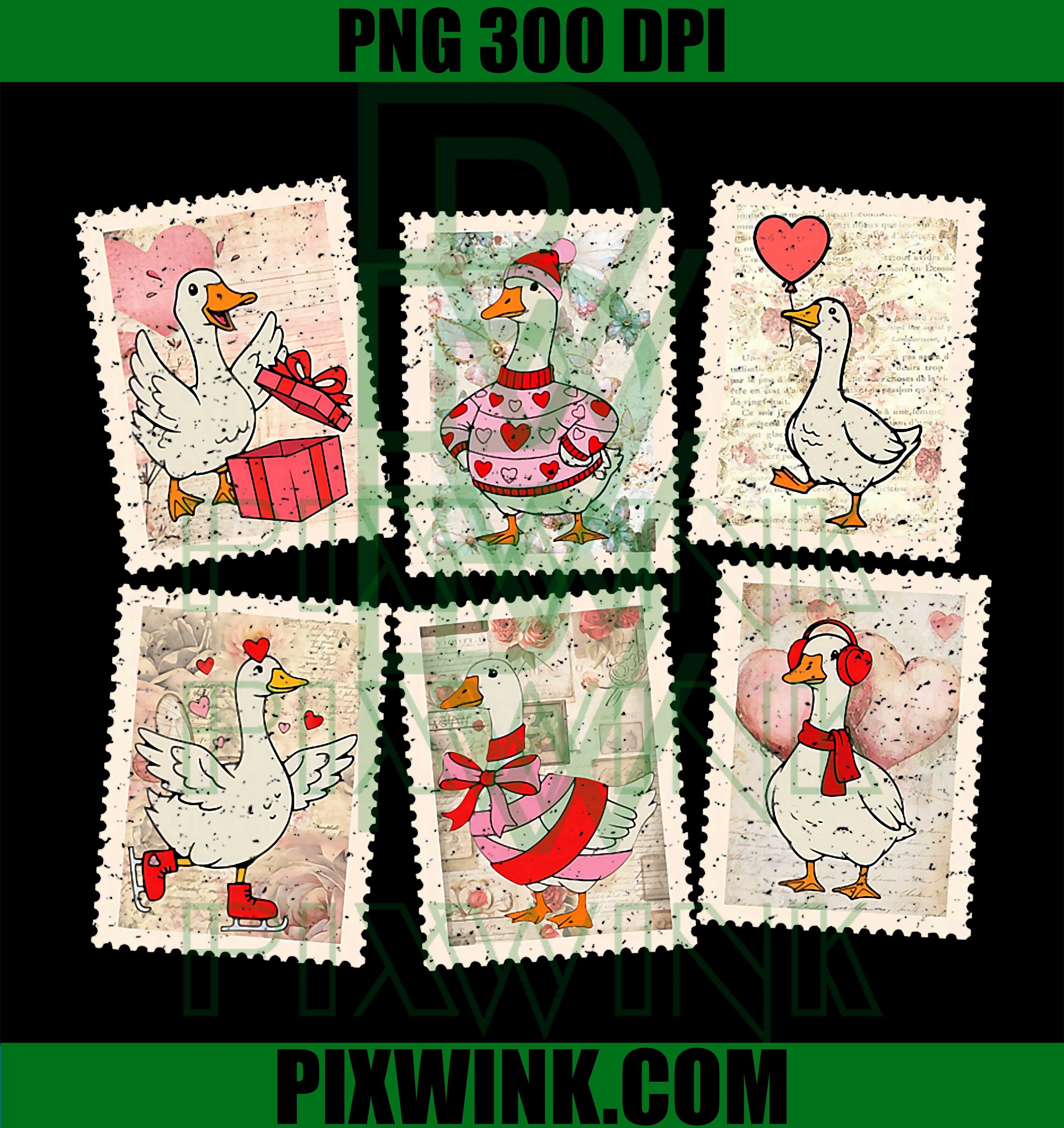 Vintage Valentine Goose Stamps, Coquette Pink Heart PNG