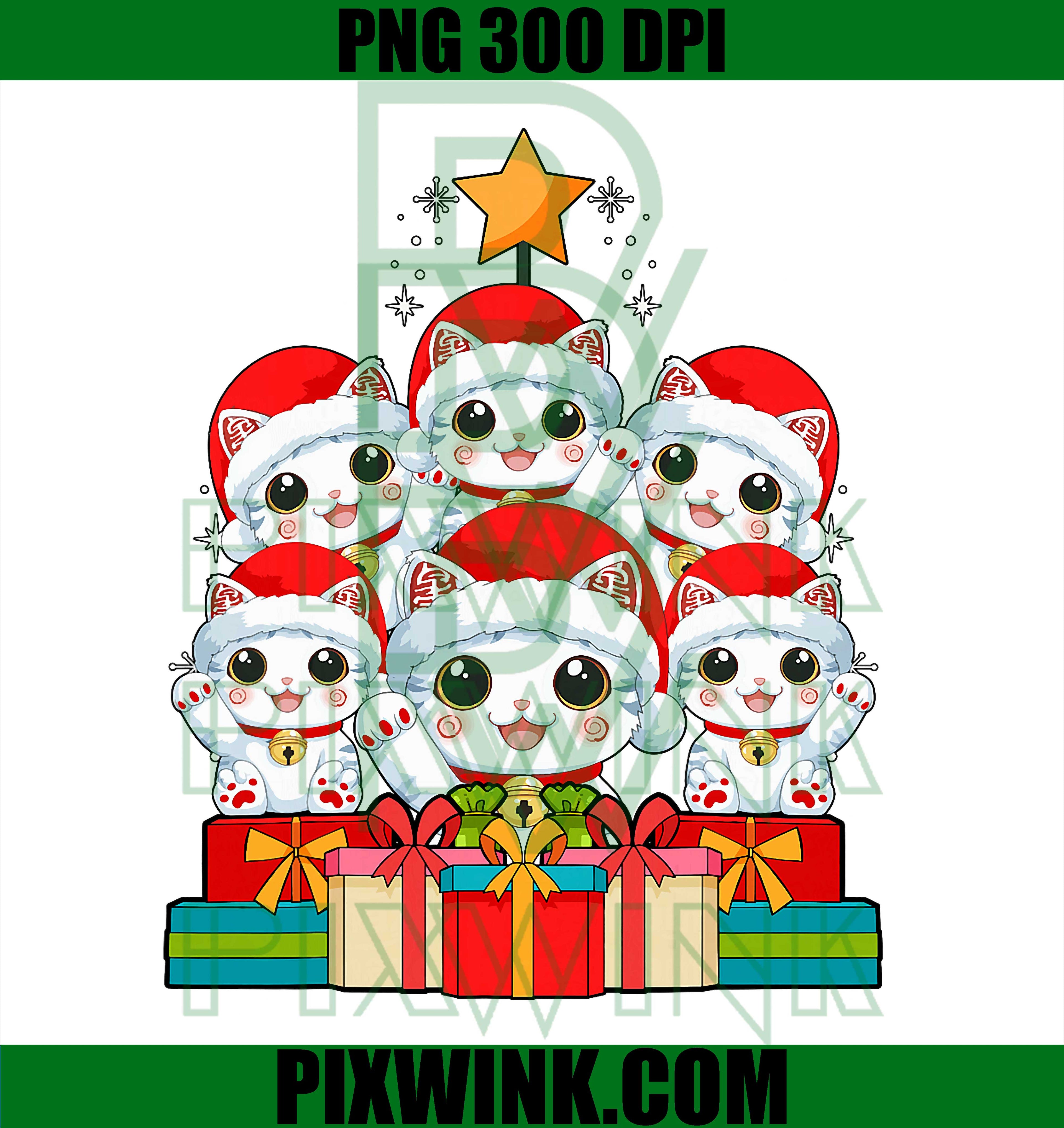 Cute Maneki Neko Pile Cat Lucky Christmas Tree Xmas Hat PNG