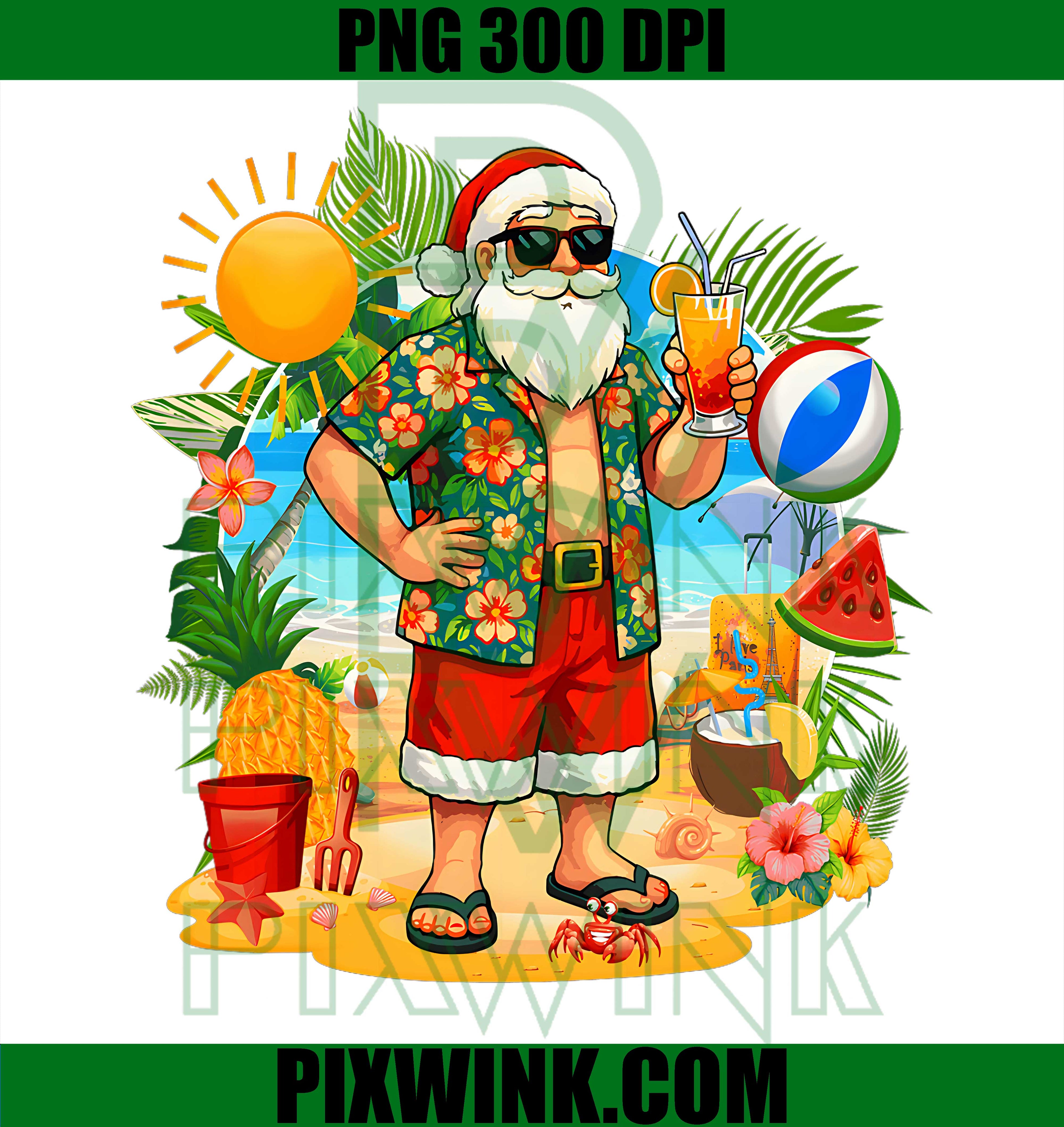 Christmas In July Santa Claus Hawaii PNG, Beach Summer Vacation Graphic PNG