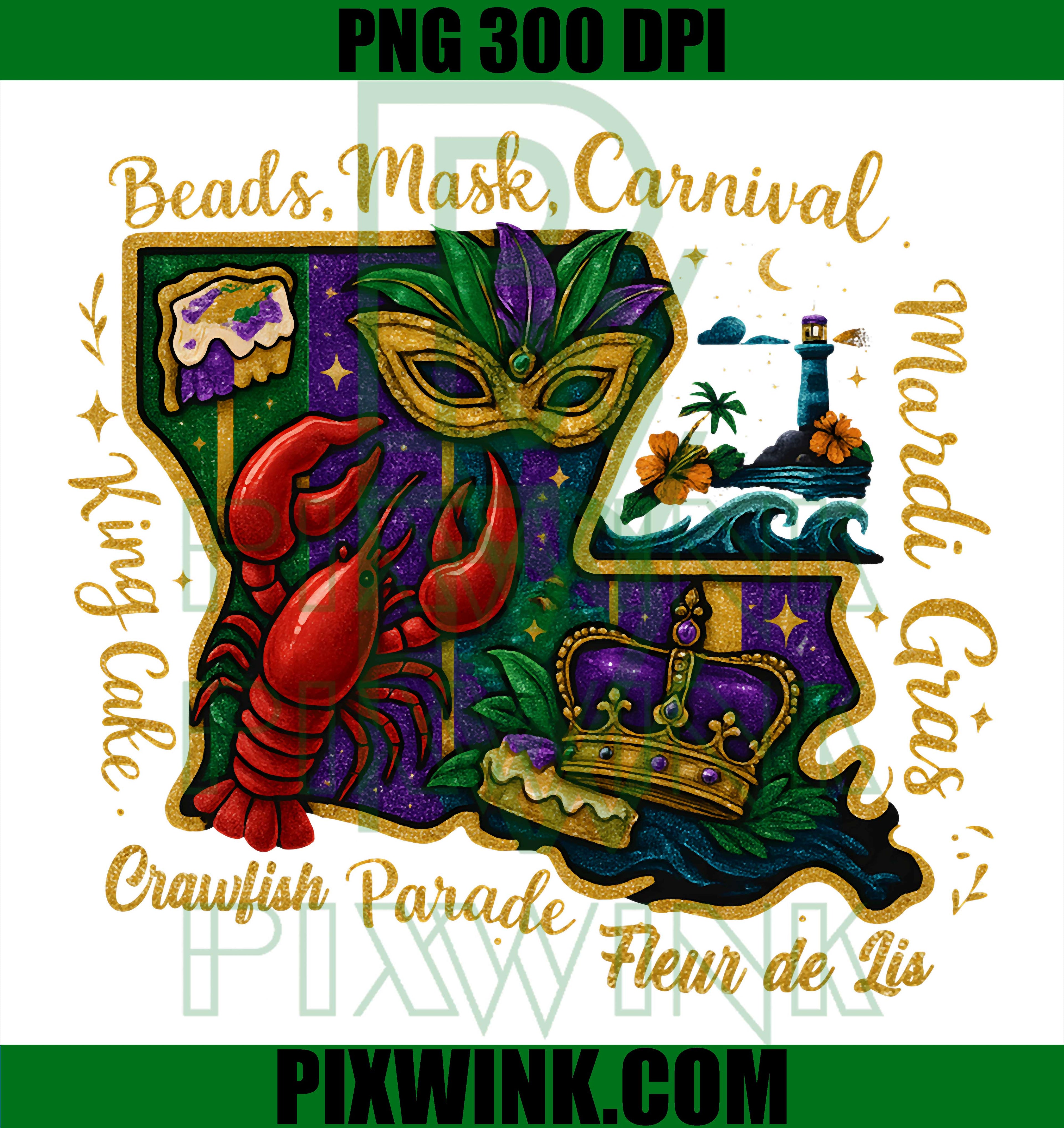 Louisiana Mardi Gras Map PNG, Beads Mask Crawfish Crown Festival Graphic PNG