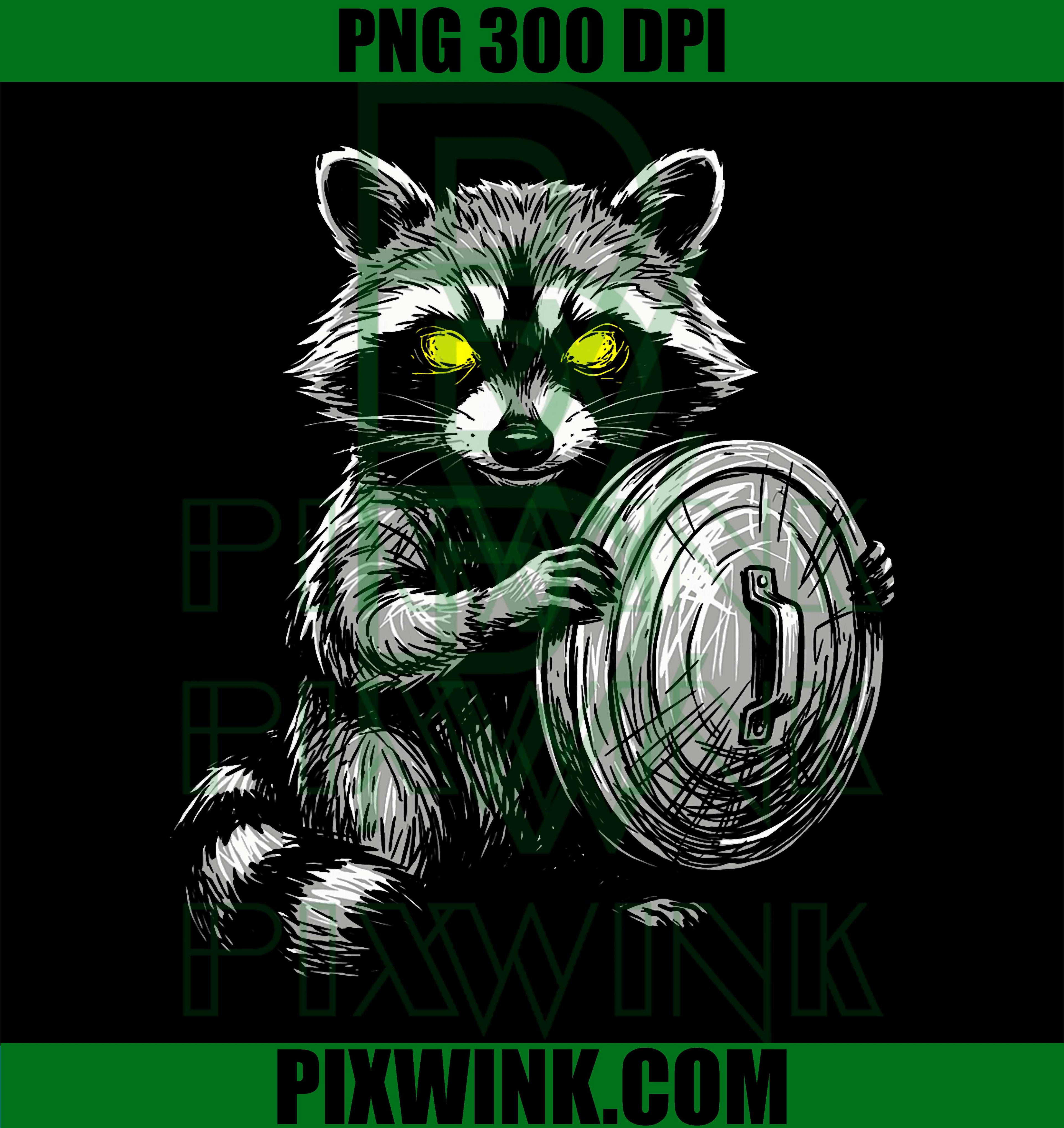 Raccoon Trash Can Lid Shield PNG, Glowing Eyes Funny Raccoon Meme PNG