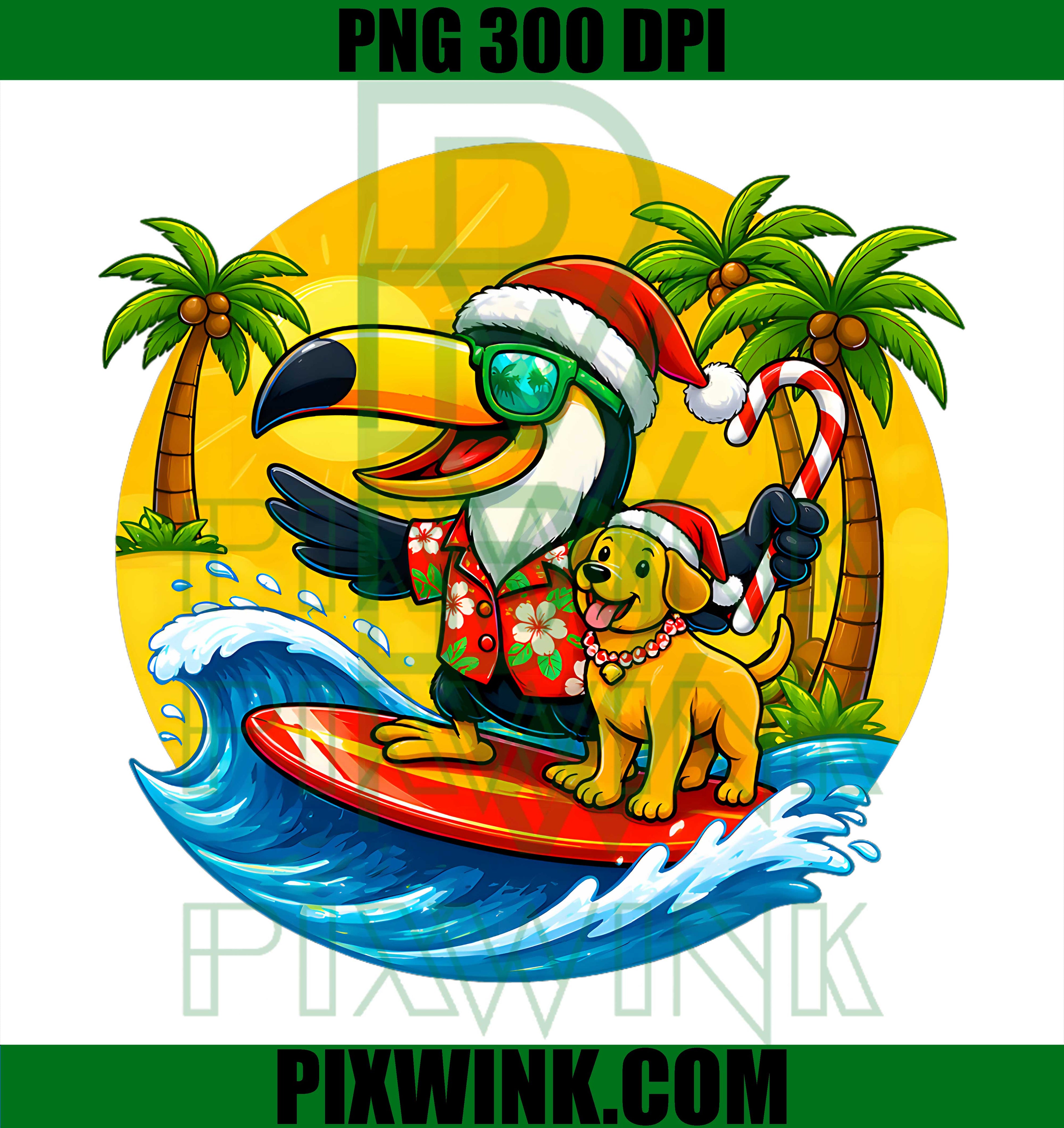 Christmas In July Toucan Bird Surfing PNG, Santa Hawaii Summer Graphic PNG