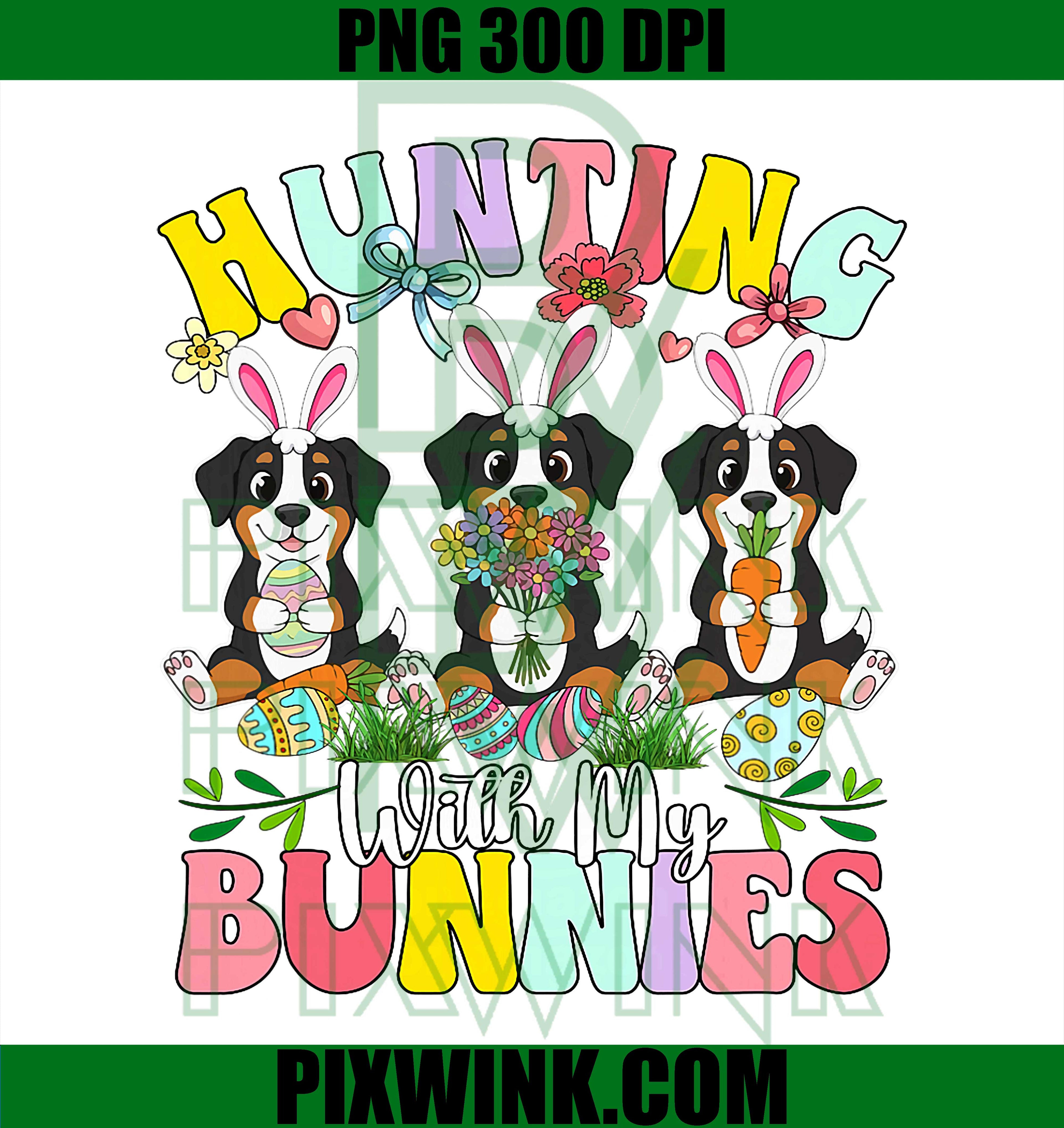 Hunting With My Bunnies PNG, Easter Dog Hunting PNG, Greater Swiss Mountain PNG