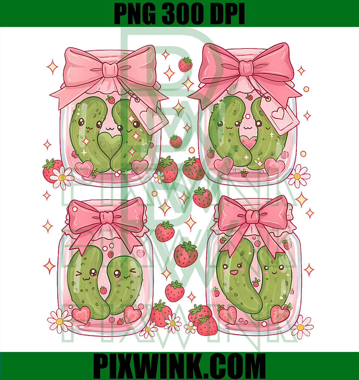 Kawaii Pickle PNG, Cute Strawberry Pickles Jar Valentines Food PNG