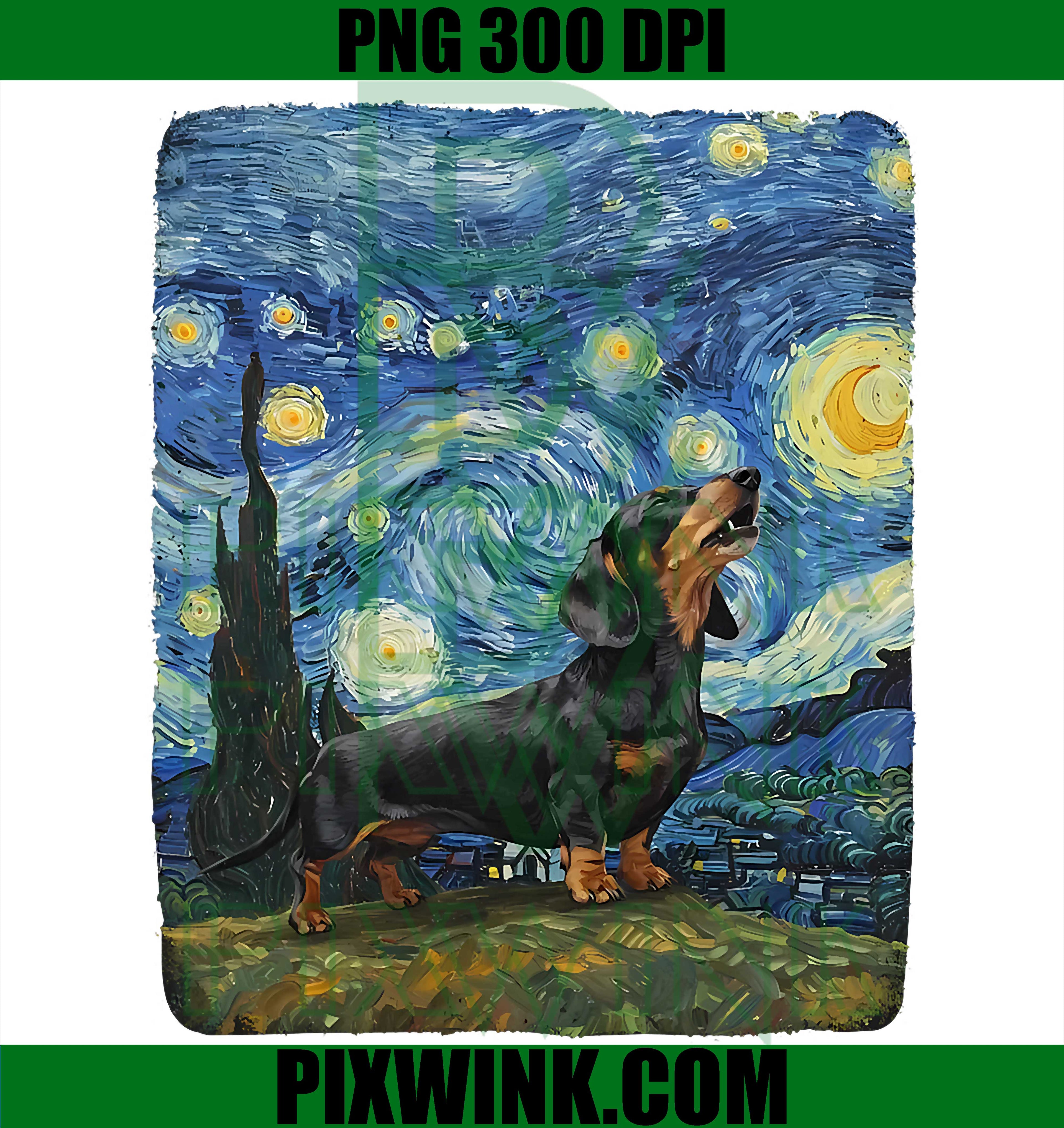 Dachshund Starry Night PNG, Wiener Dog Moon PNG Van Gogh Design