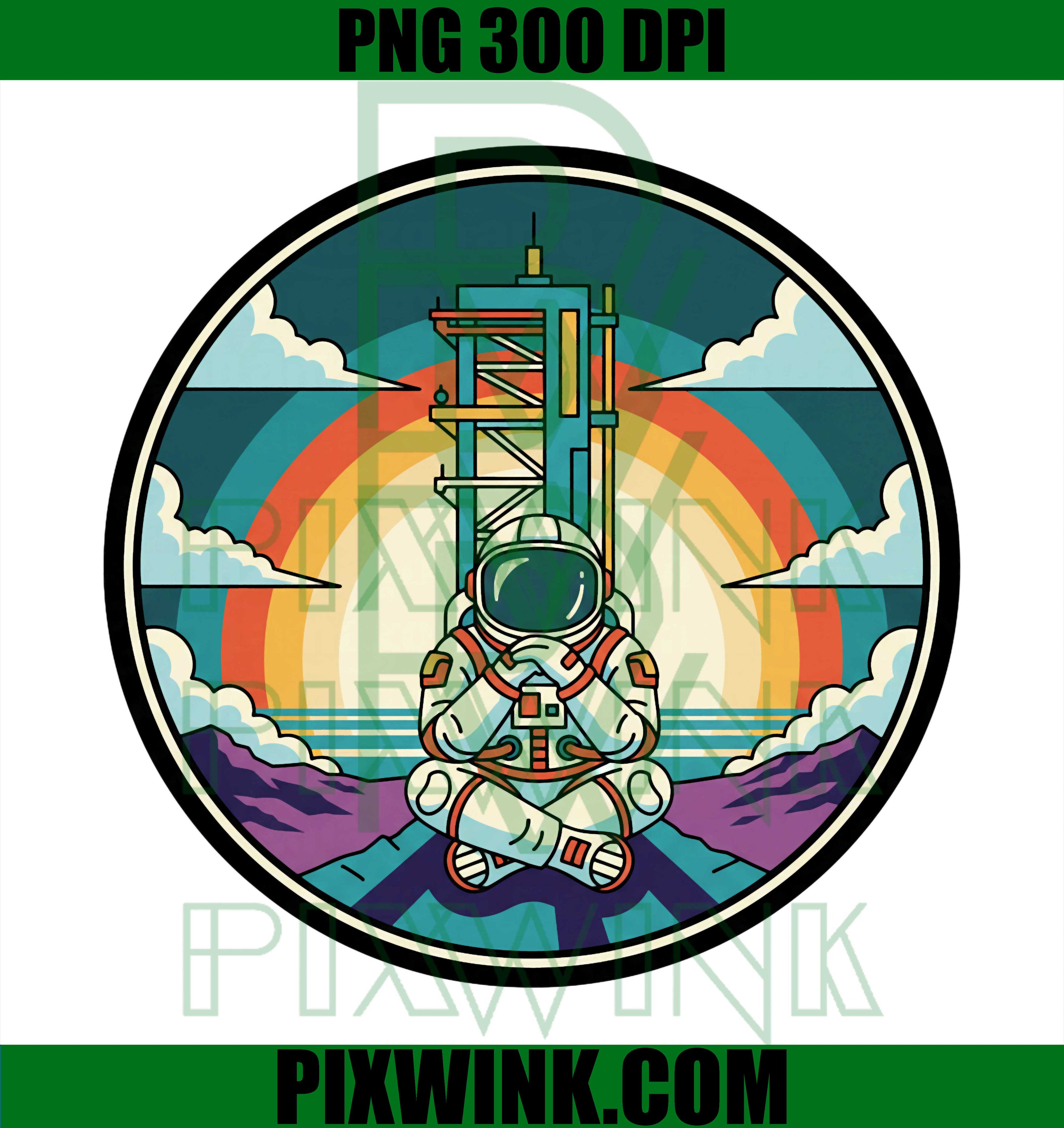 Meditating Astronaut Space Sunset PNG, Retro Cosmic Graphic Design PNG