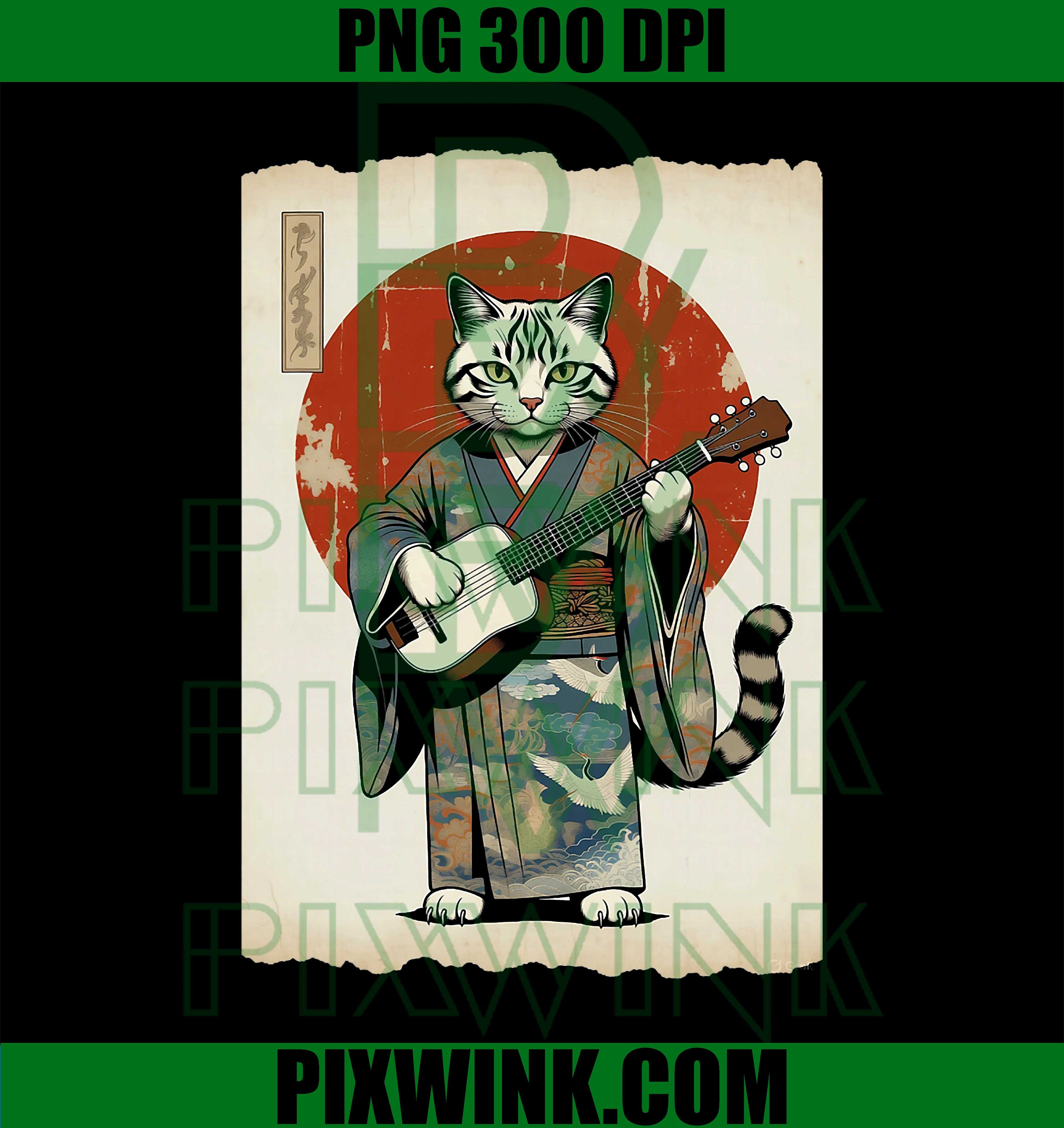 Cat Playing Lute in Kimono Japanese Style Art PNG, Retro Music PNG