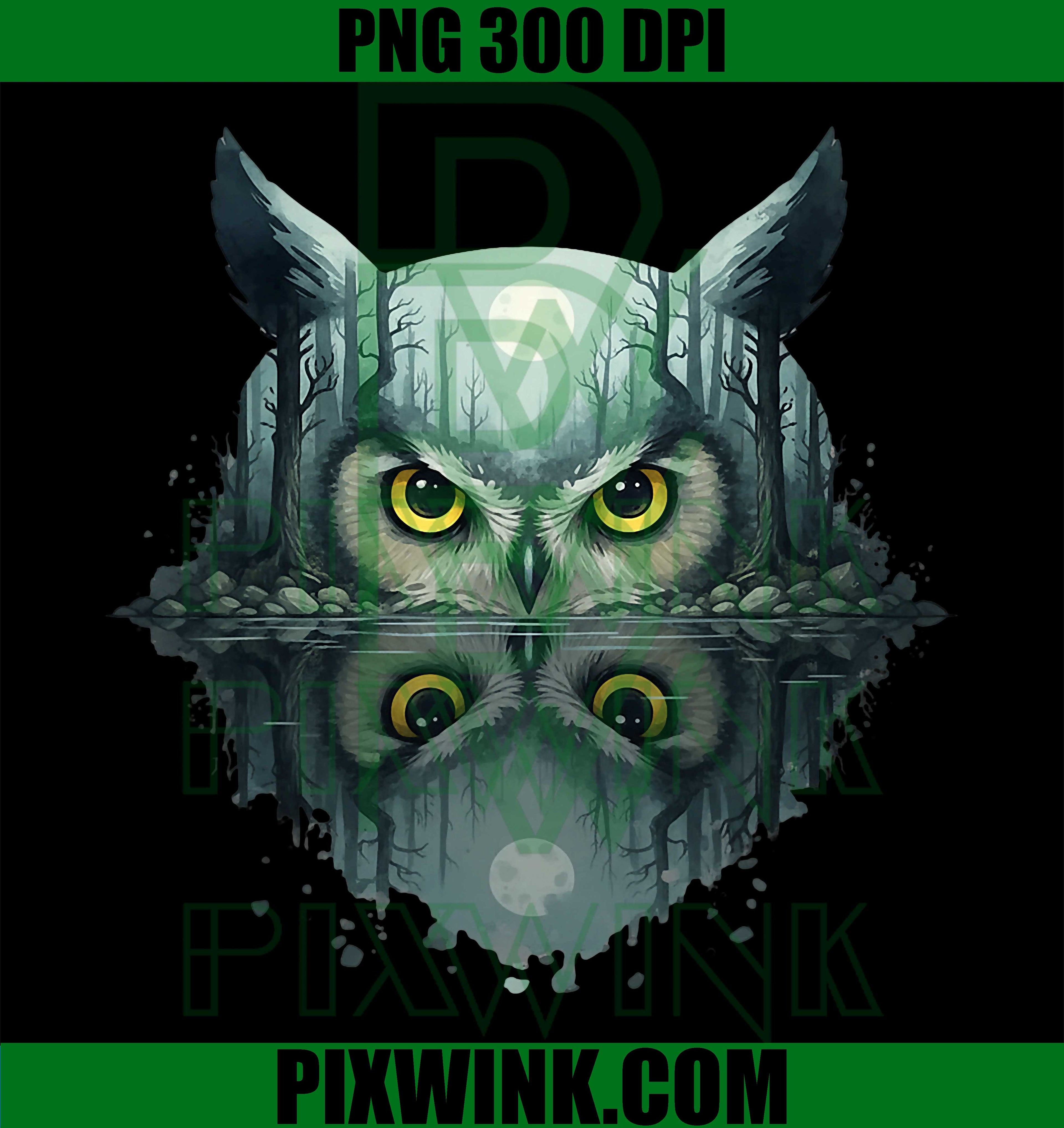 Mystic Owl Forest Moon Reflection PNG, Wildlife Nature Art Design PNG