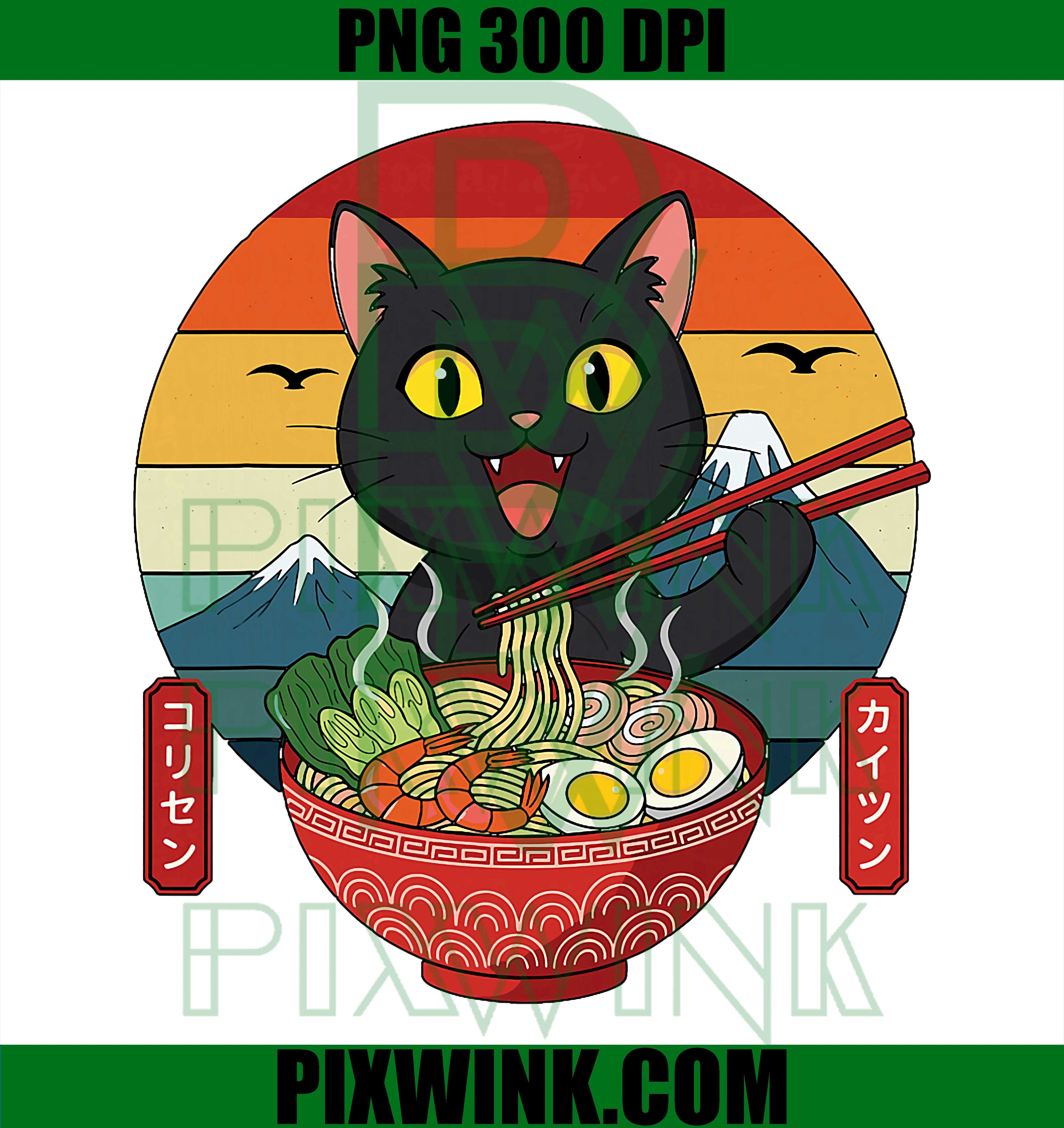 Cute Cat Eating Ramen, Kawaii Japanese Noodle Design PNG
