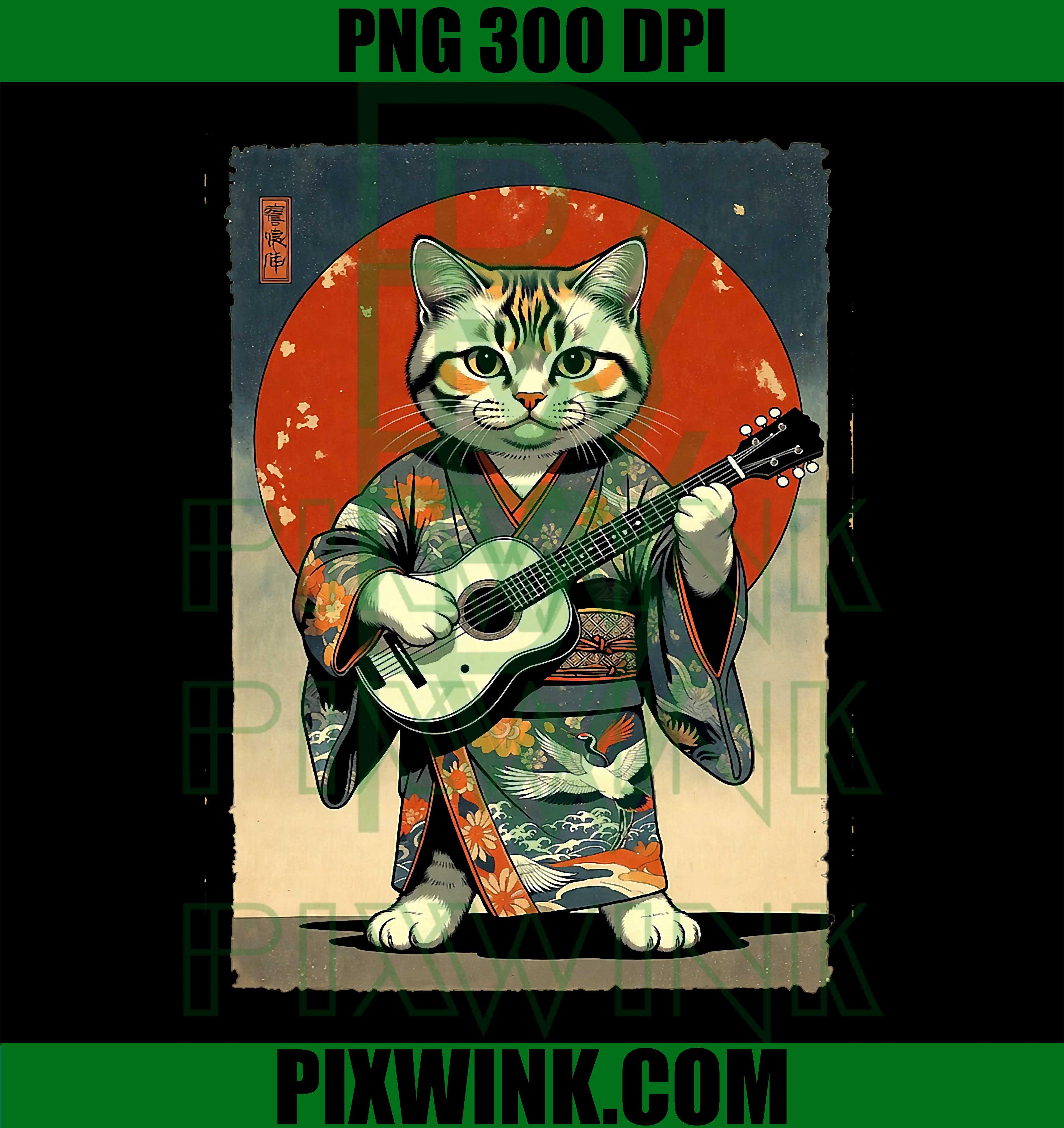 Cat Playing Lute in Kimono Japanese Style Art, Retro Music PNG