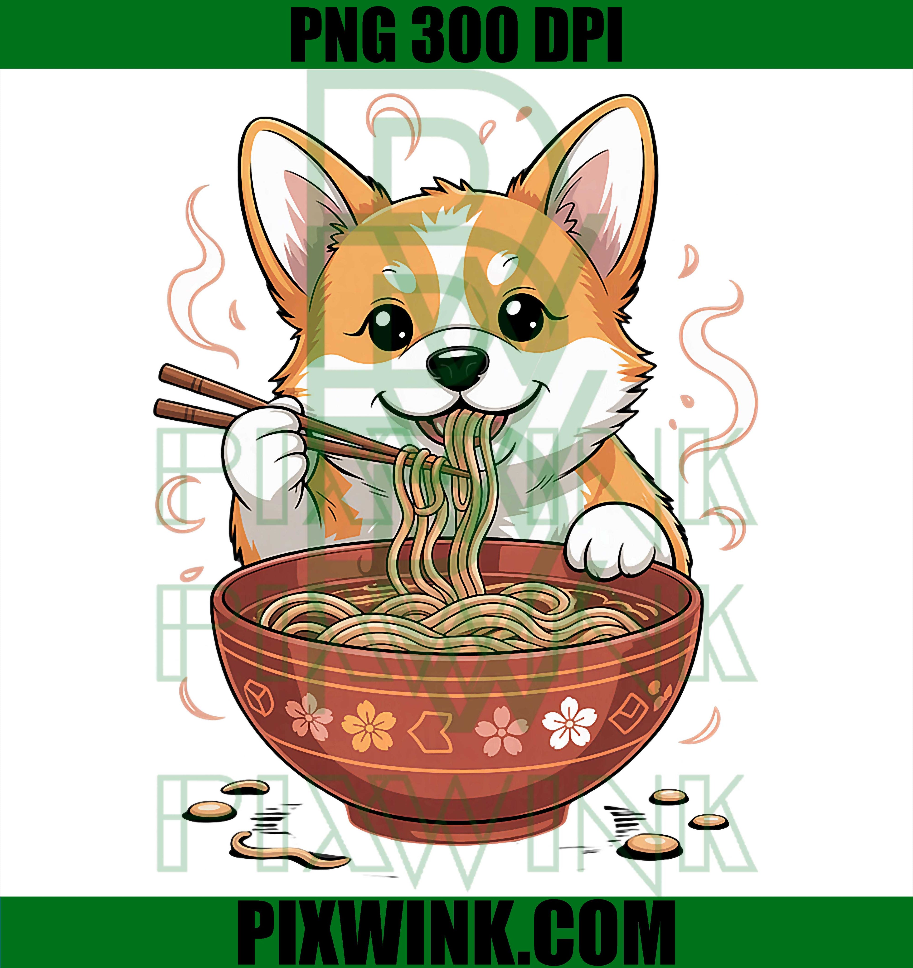 Cute Corgi Eating Ramen, Kawaii Noodle Lover, Chopsticks PNG