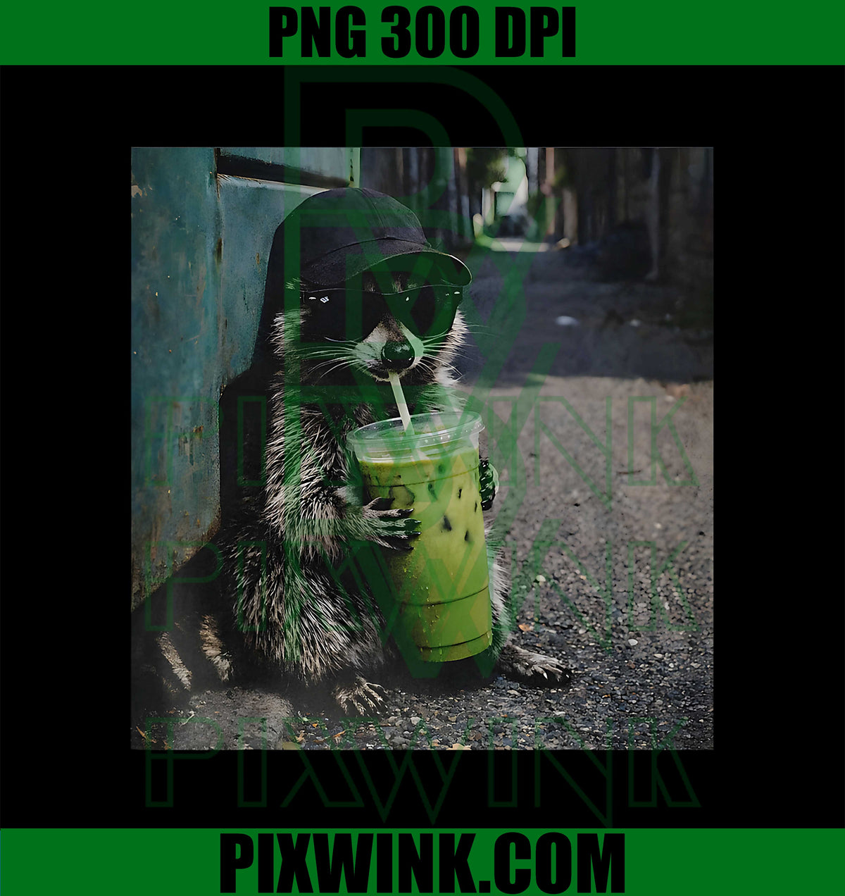 Raccoon Matcha Latte PNG, Funny Animal Meme PNG, Coffee Raccoon PNG
