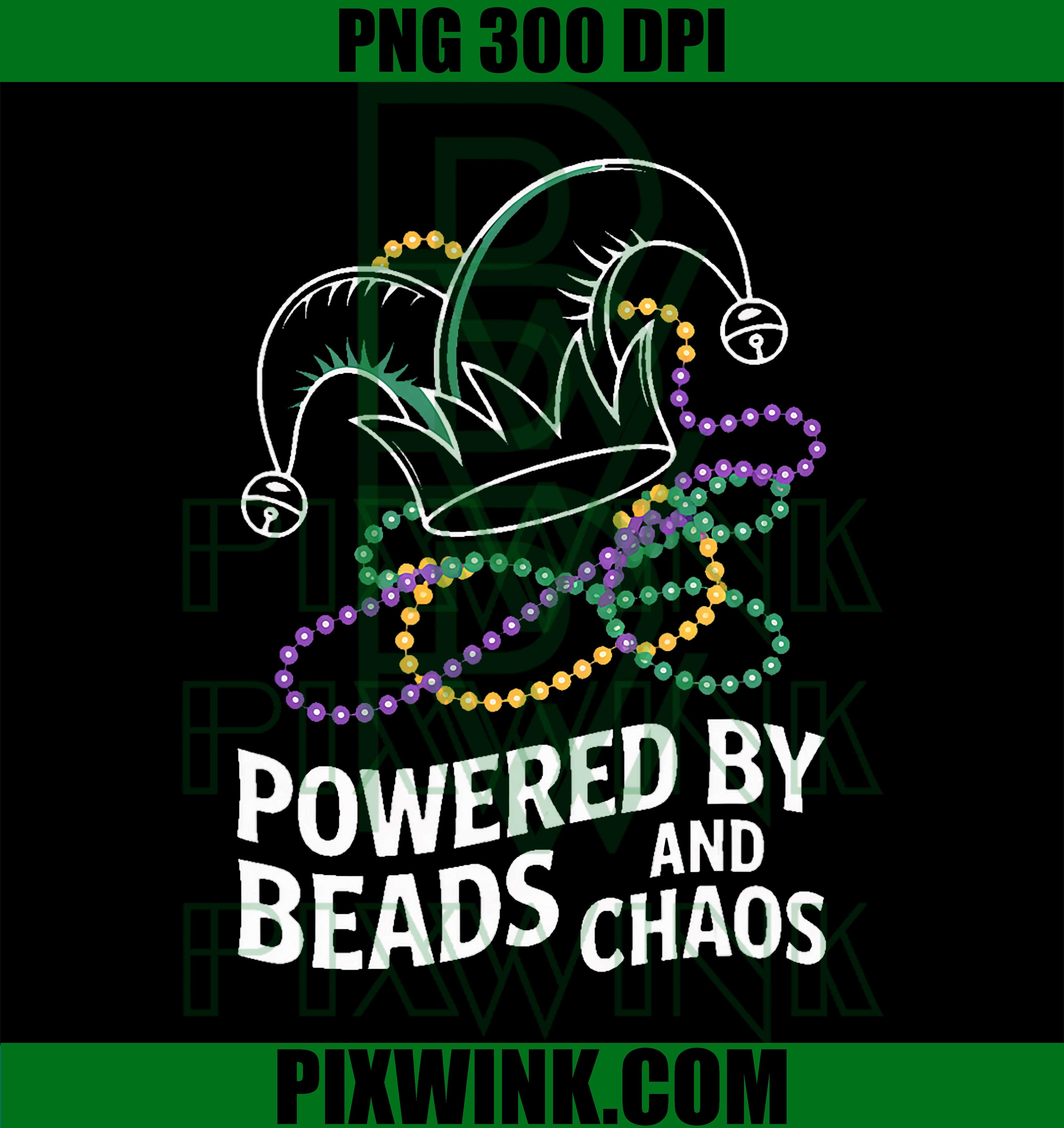 Powered by Beads and Chaos Mardi Gras Jester Fun PNG