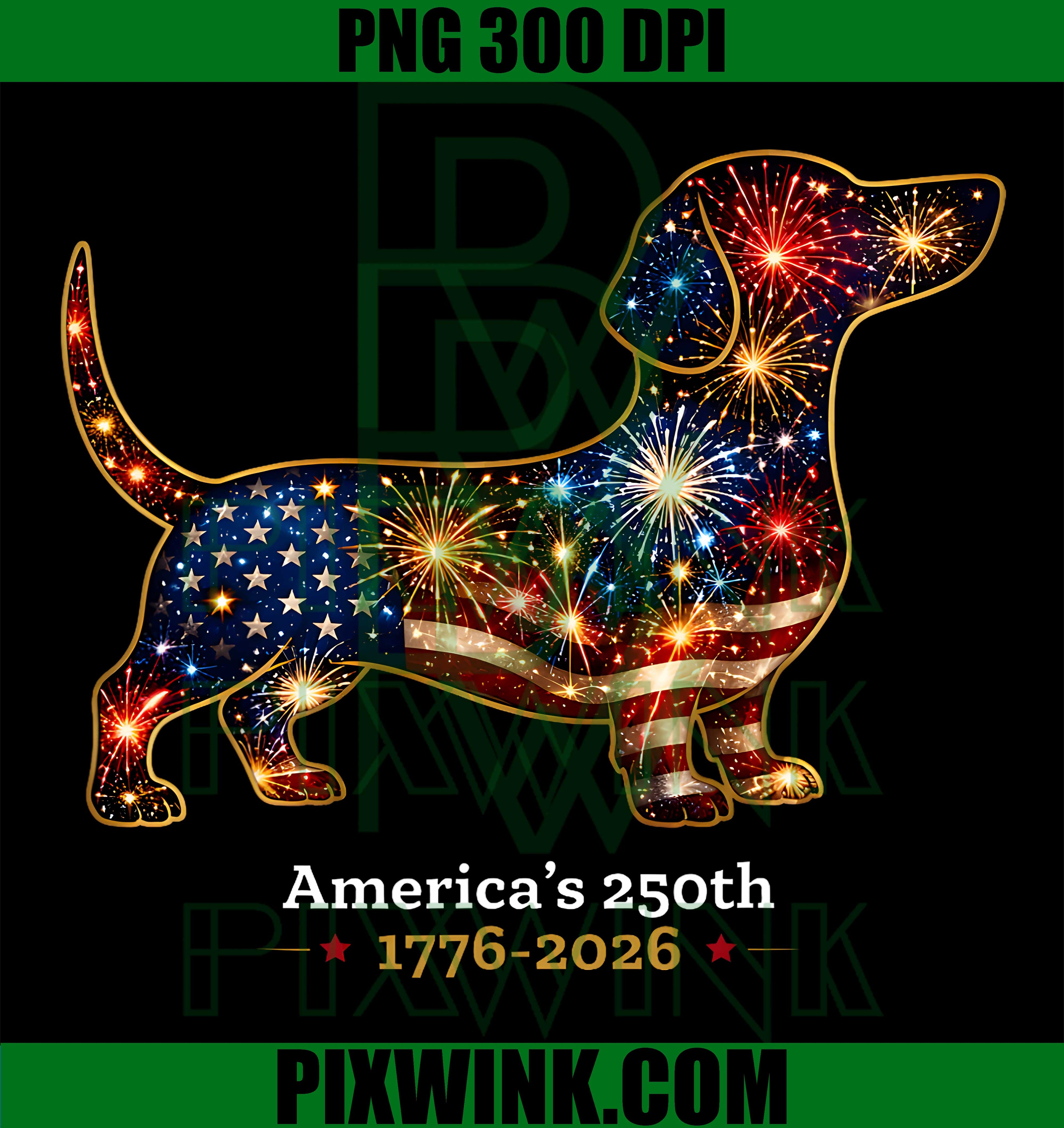 Dachshund Wiener Dog Fireworks PNG, America 250th Anniversary PNG