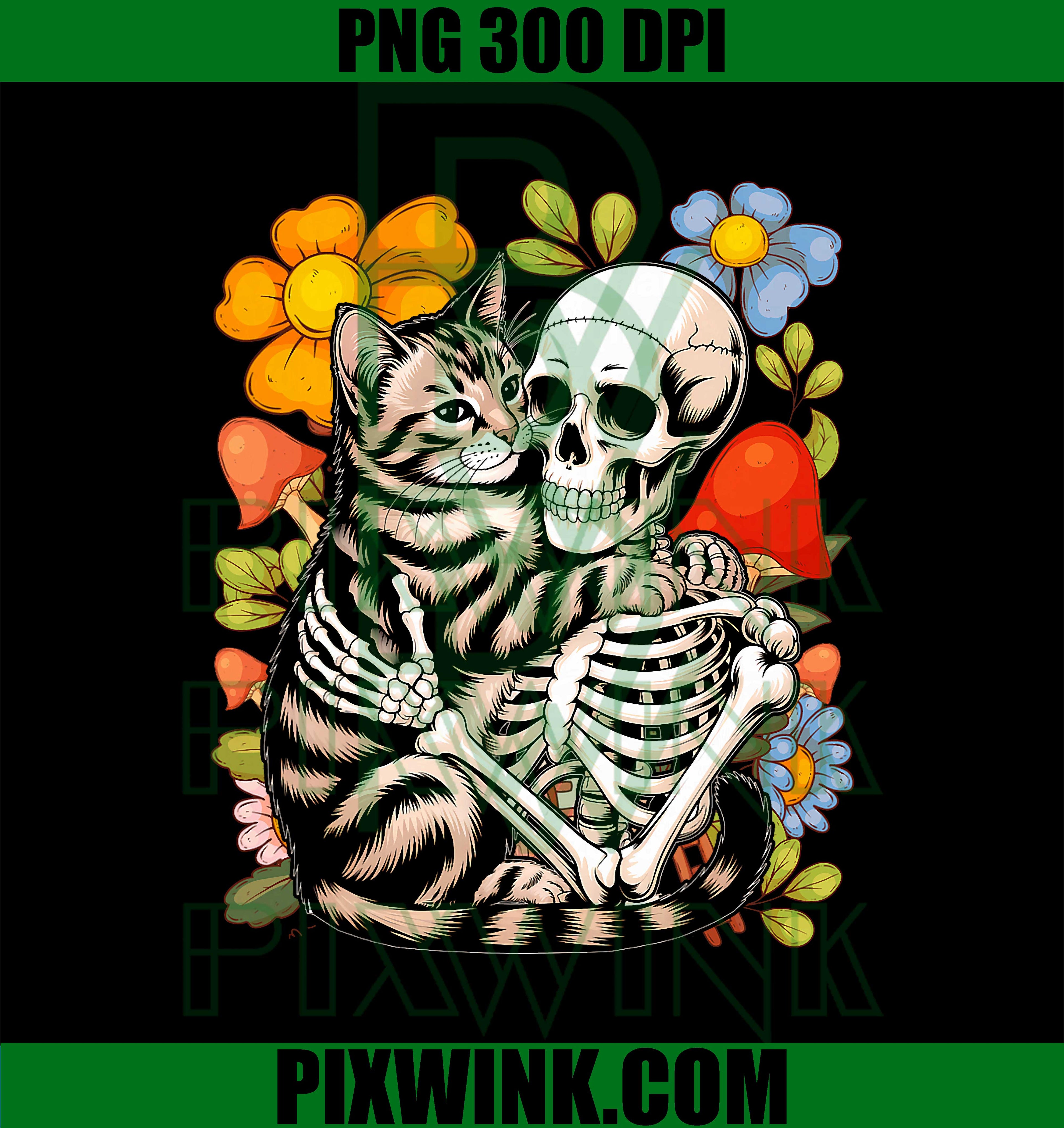 Cottagecore Aesthetic Floral Mushroom Skeleton Hugging Cat PNG
