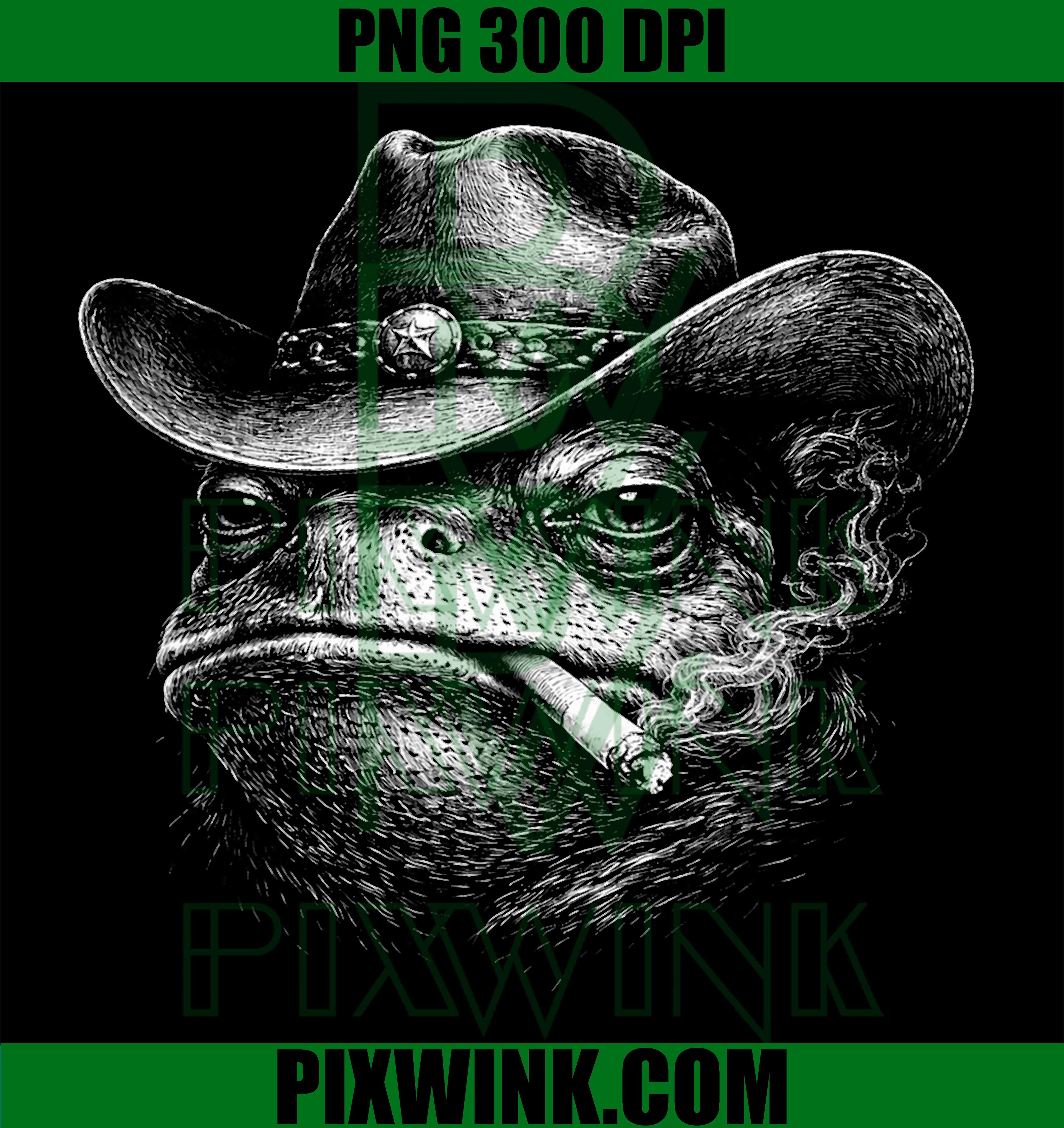 Cowboy Frog Smoking PNG, Funny Vintage Animal Face PNG