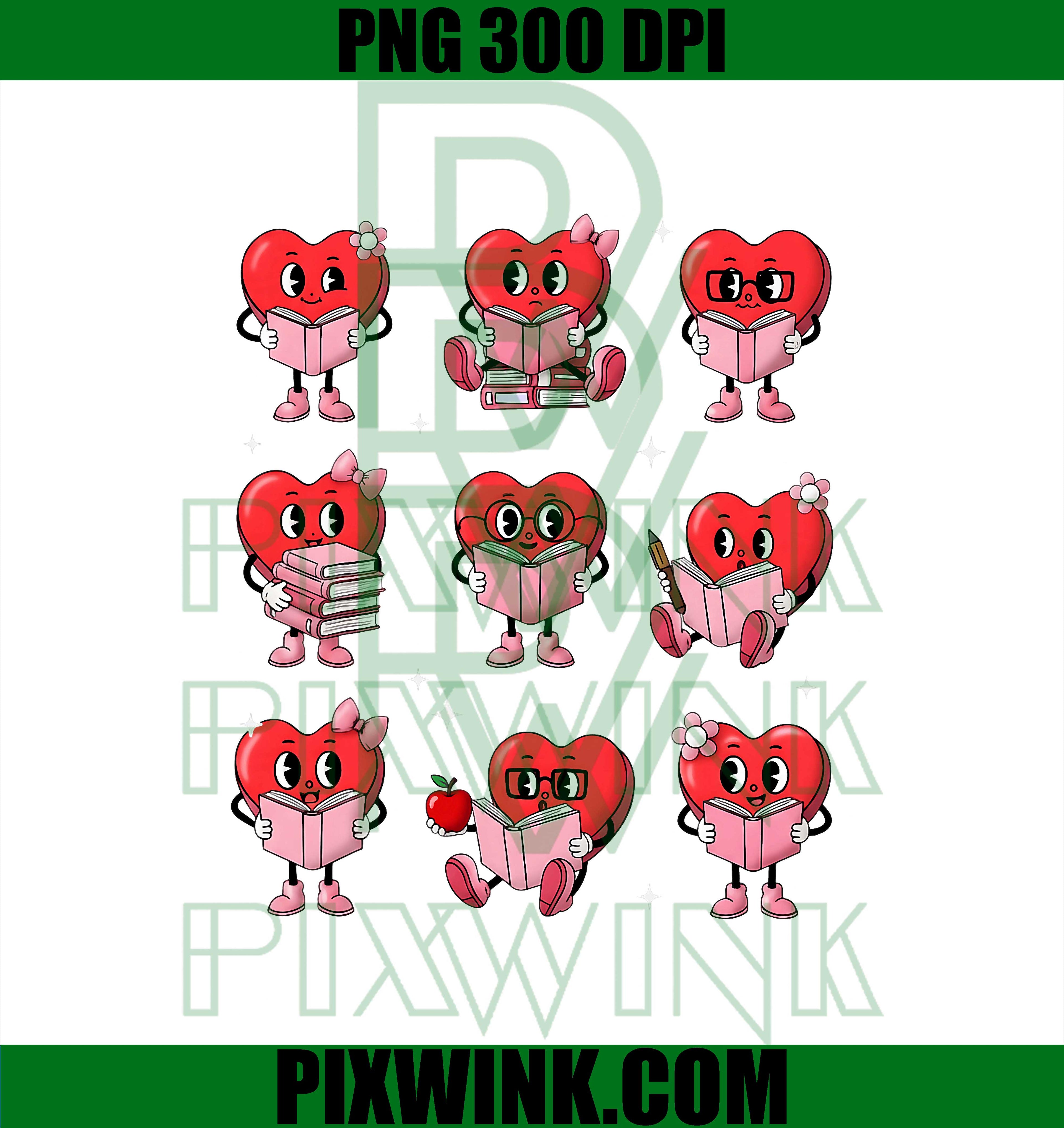 Heart Reading Books PNG, Valentine Teacher Boy Girl Book Lover PNG