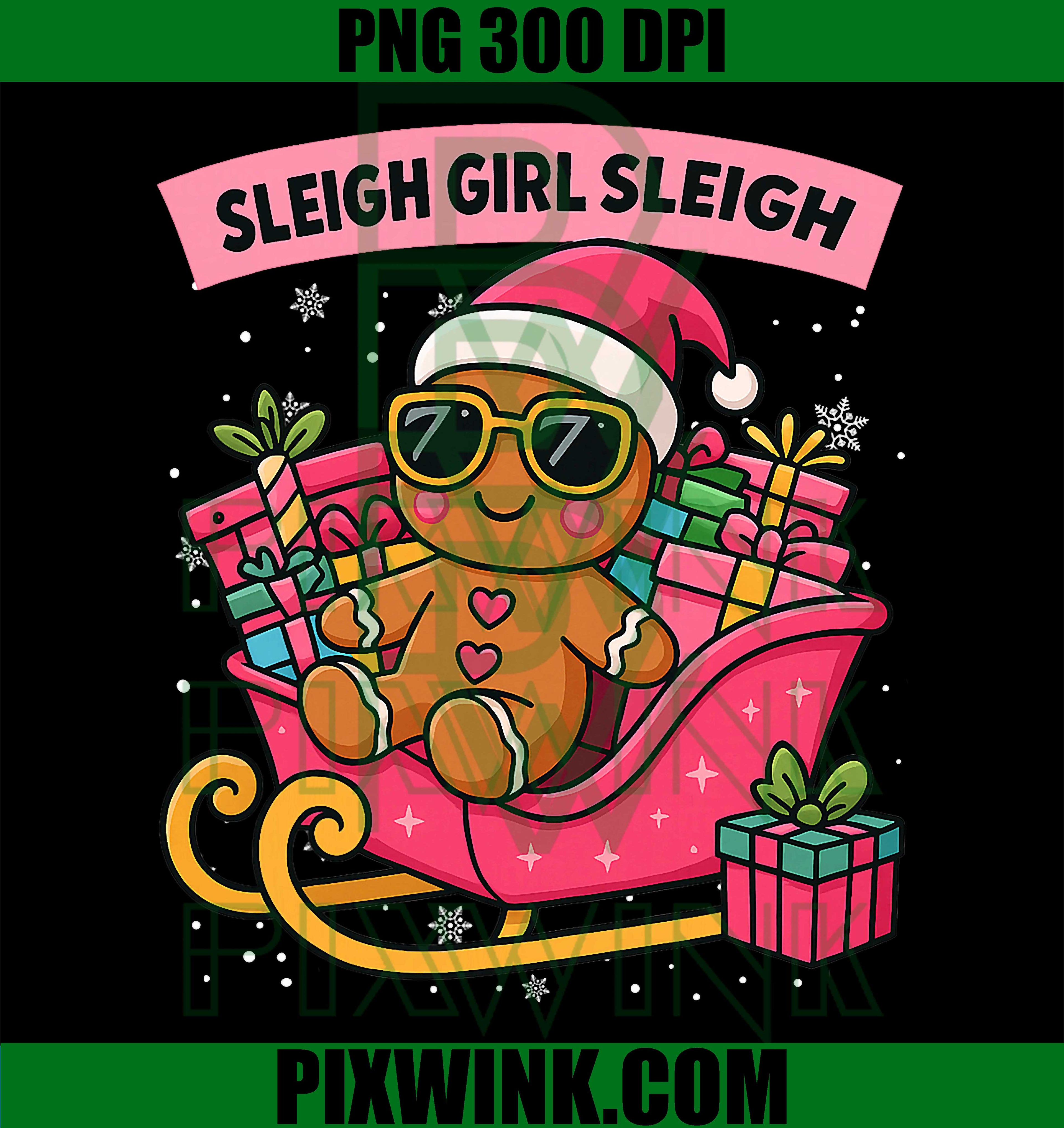 Christmas Gingerbread Pink Sleigh Girl PNG, Xmas 2025