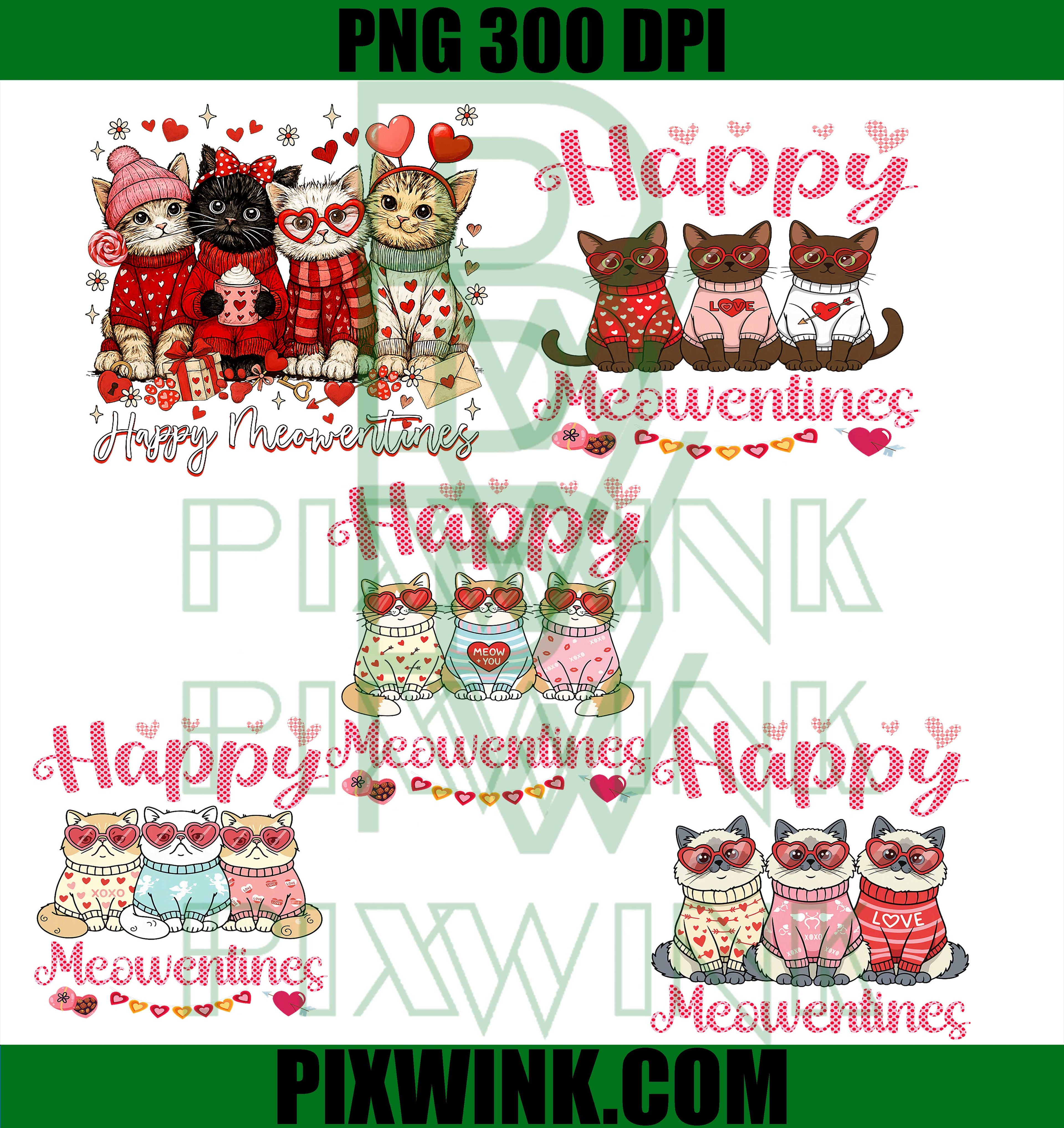 Happy Meowentines PNG Bundle, Cute Valentine Cat PNG Designs, Cat Lover Valentine PNG