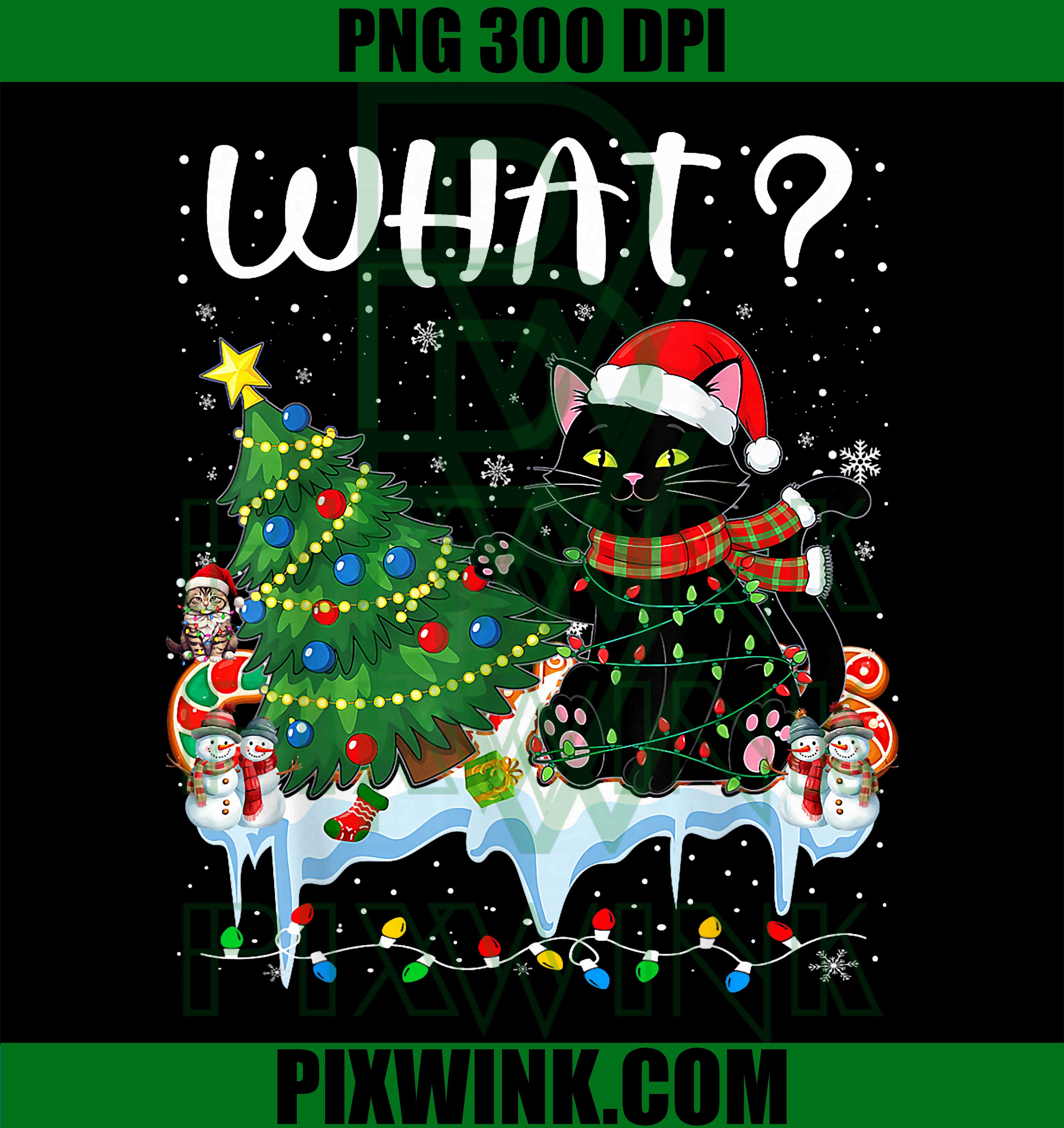 Black Cat Pushing Christmas Tree Over Cat What PNG, Funny Xmas PNG