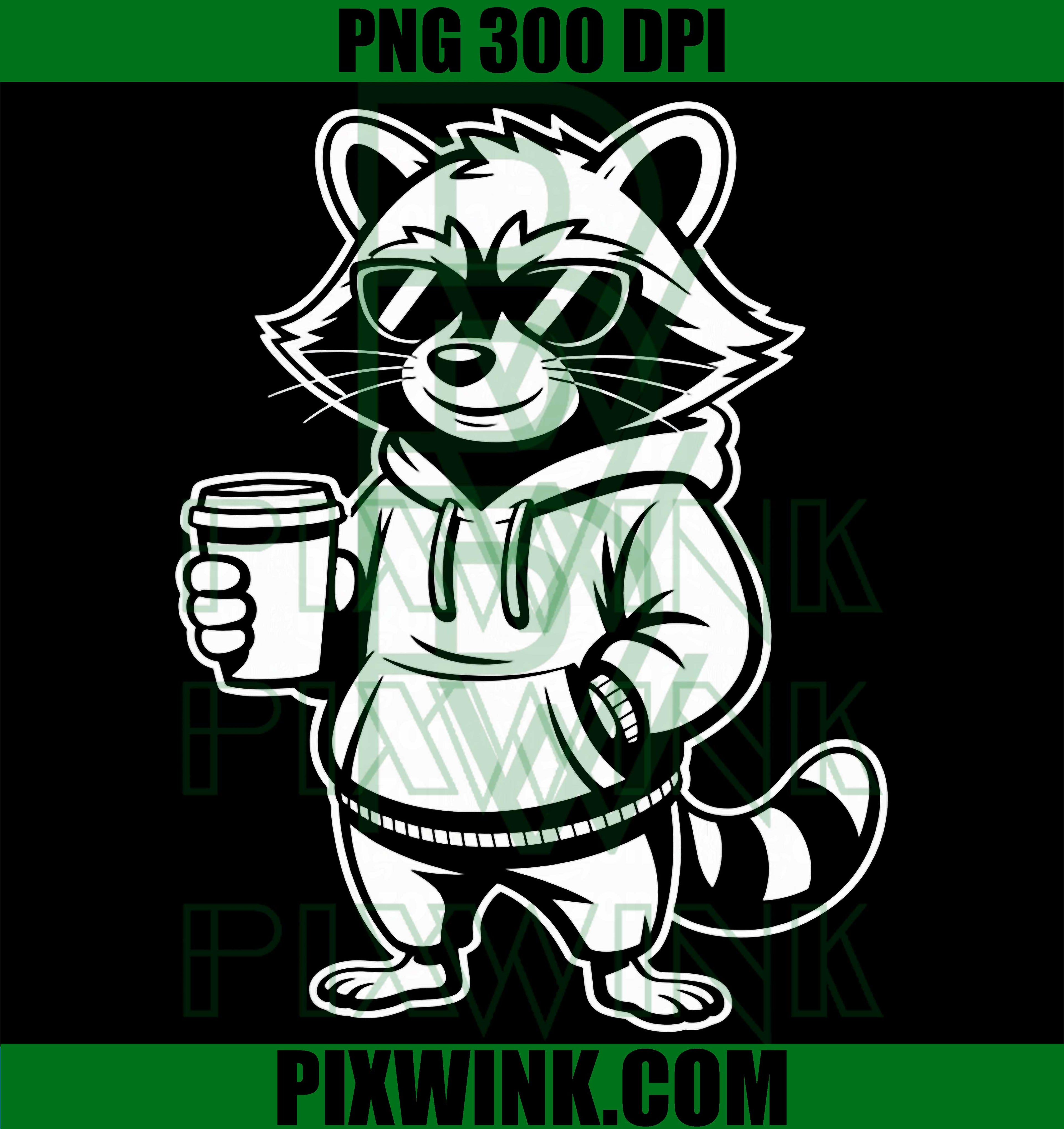 Funny Raccoon Hoodie PNG, Coffee Lover Raccoon PNG