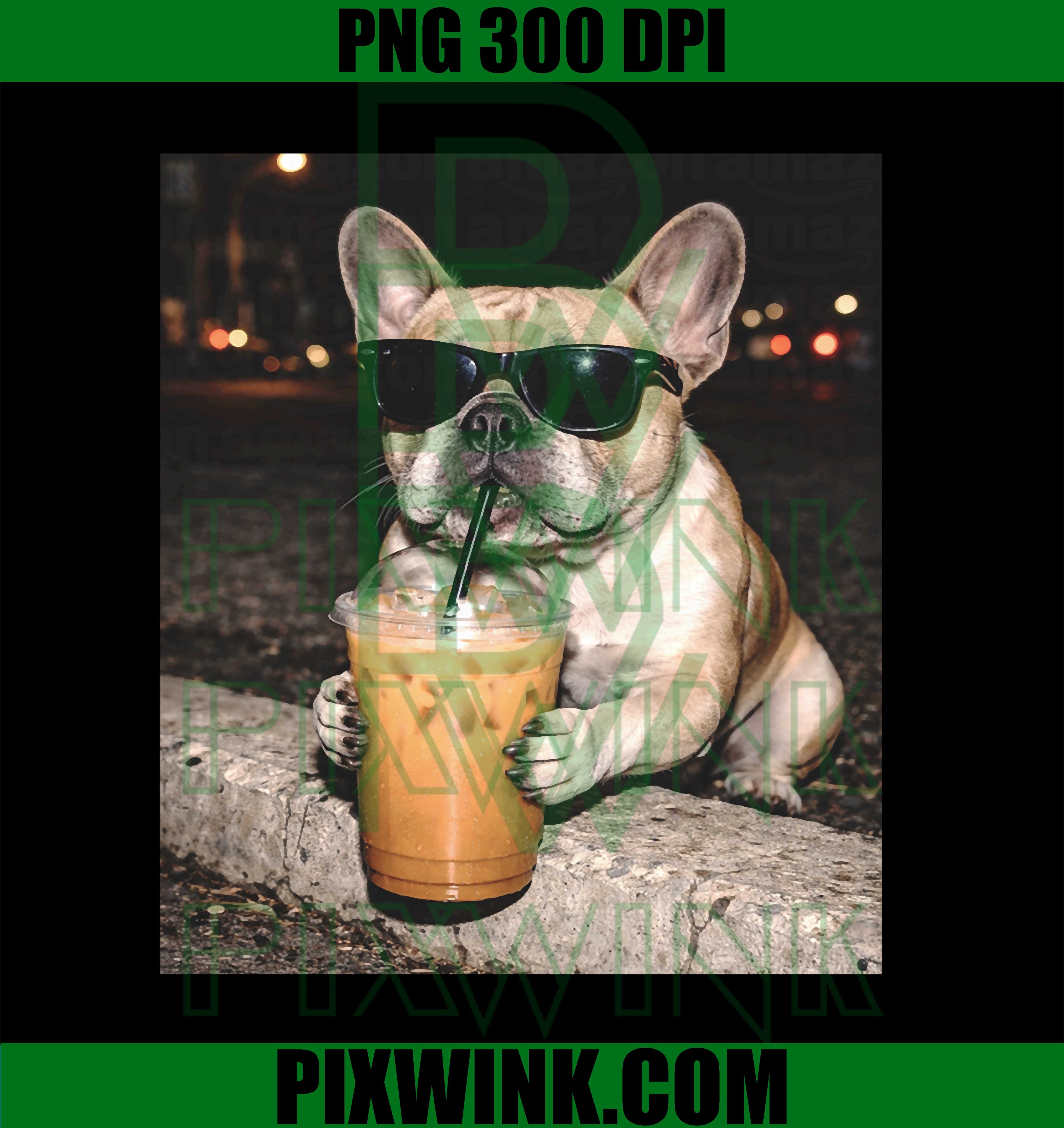 French Bulldog Drinking Iced Coffee PNG, Funny Dog Coffee Lover Graphic PNG
