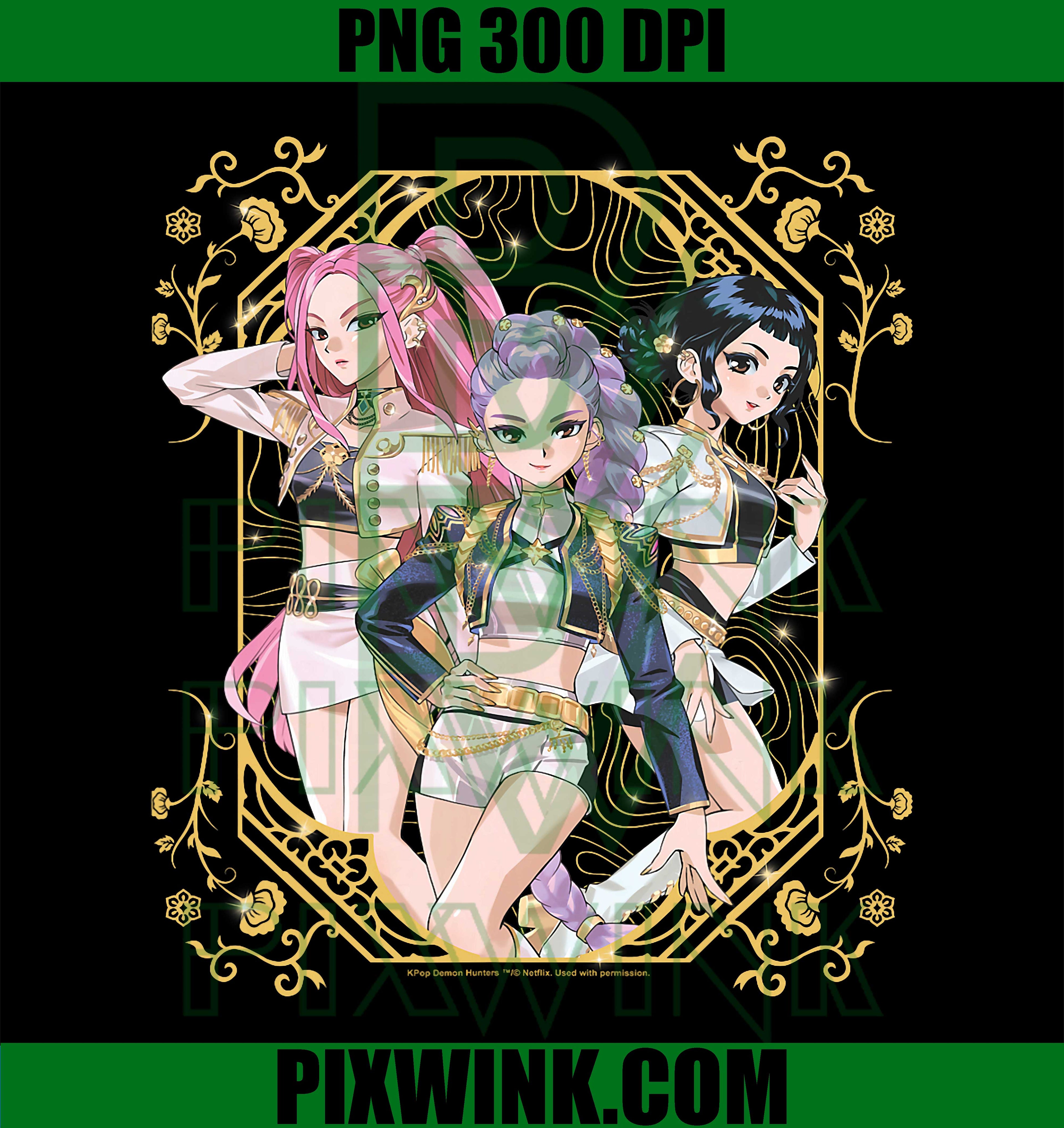 Kpop Demon Hunters PNG, Huntrix Zoey Mira Rumi Golden Flowers PNG